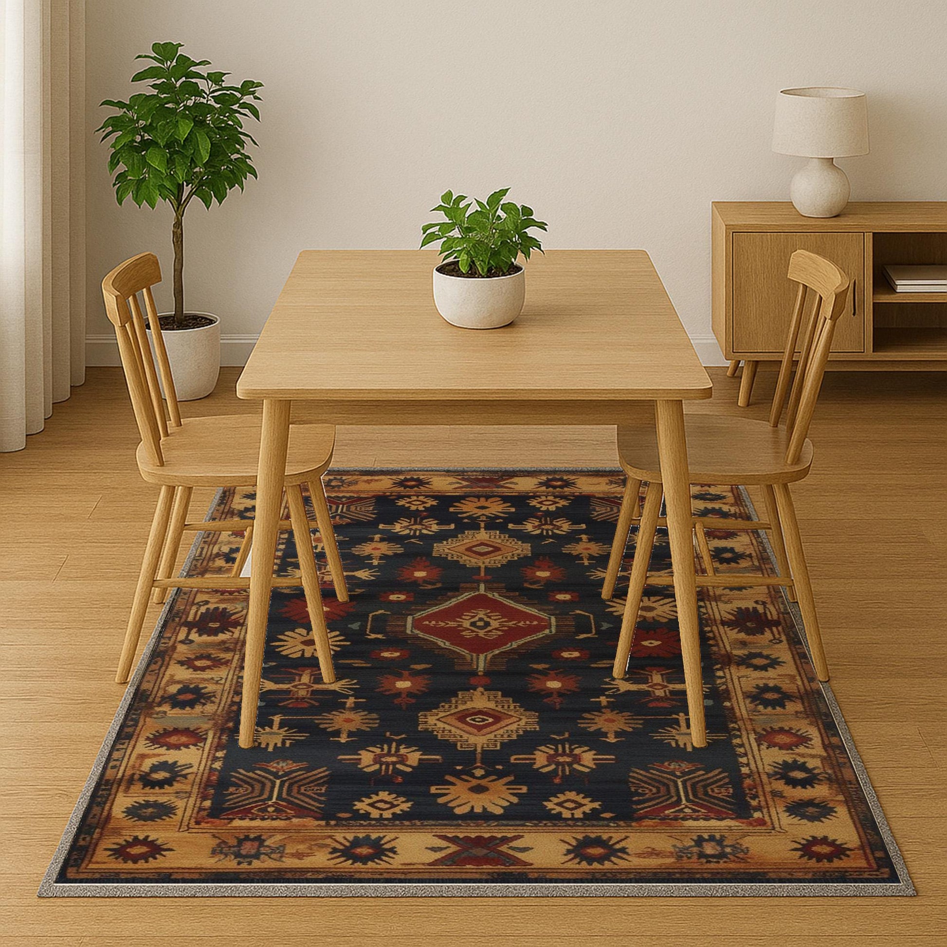 Aztec-inspired chenille rug with oriental influence, navy background, red and gold tribal geometric motifs, washable non-slip backing, perfect for boho and rustic decor.