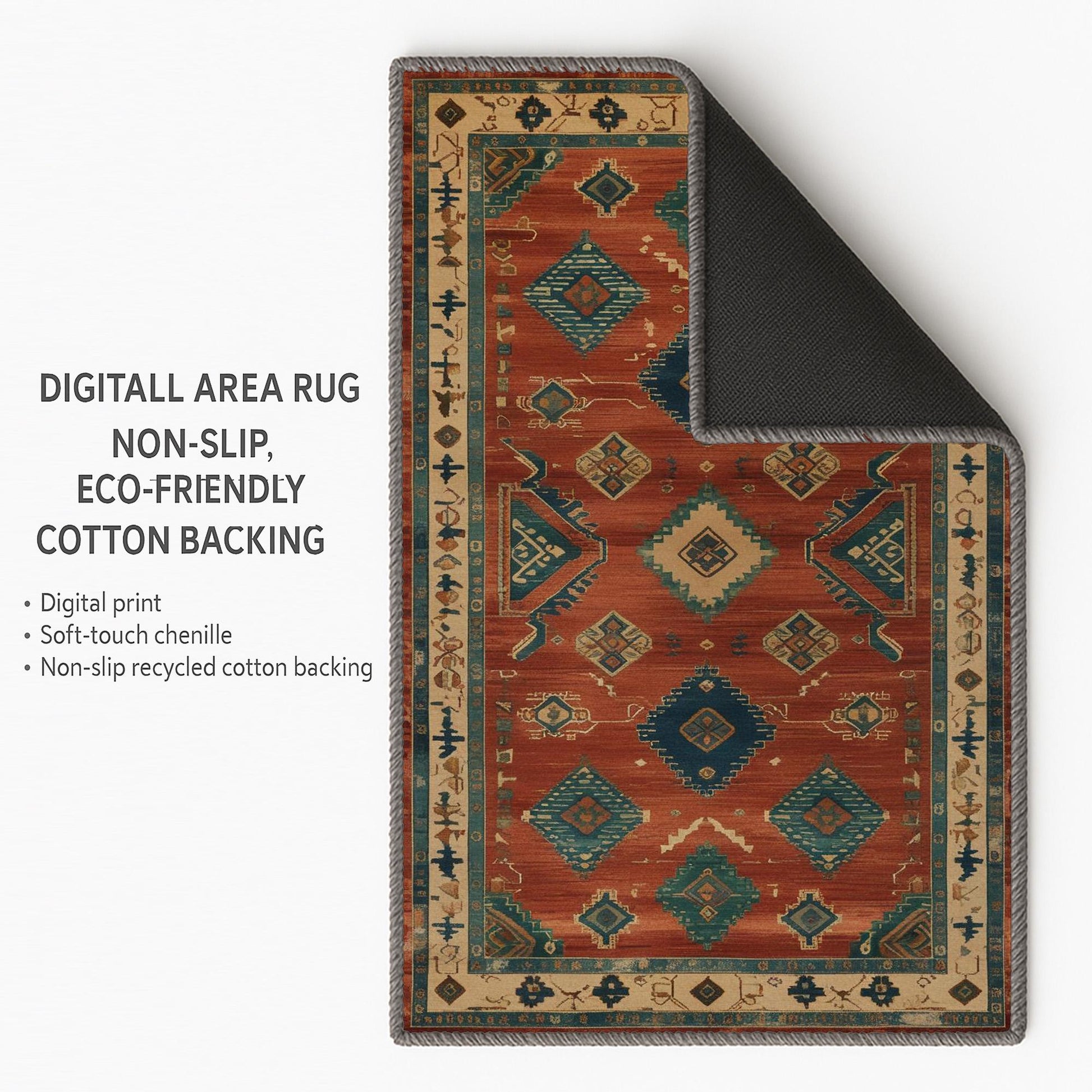 Aztec-inspired chenille rug with oriental influence, rust red background, blue and cream tribal diamond motifs, washable non-slip backing, perfect for boho and rustic decor.