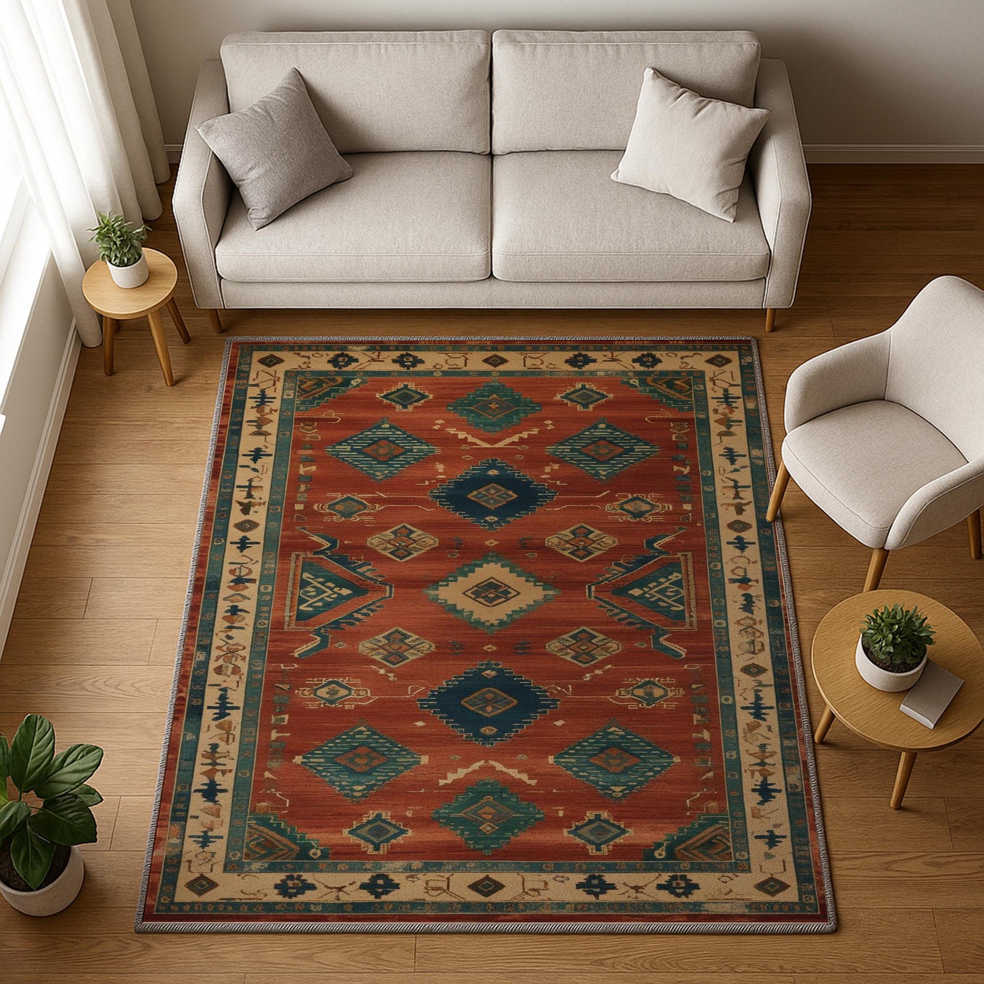 Aztec-inspired chenille rug with oriental influence, rust red background, blue and cream tribal diamond motifs, washable non-slip backing, perfect for boho and rustic decor.