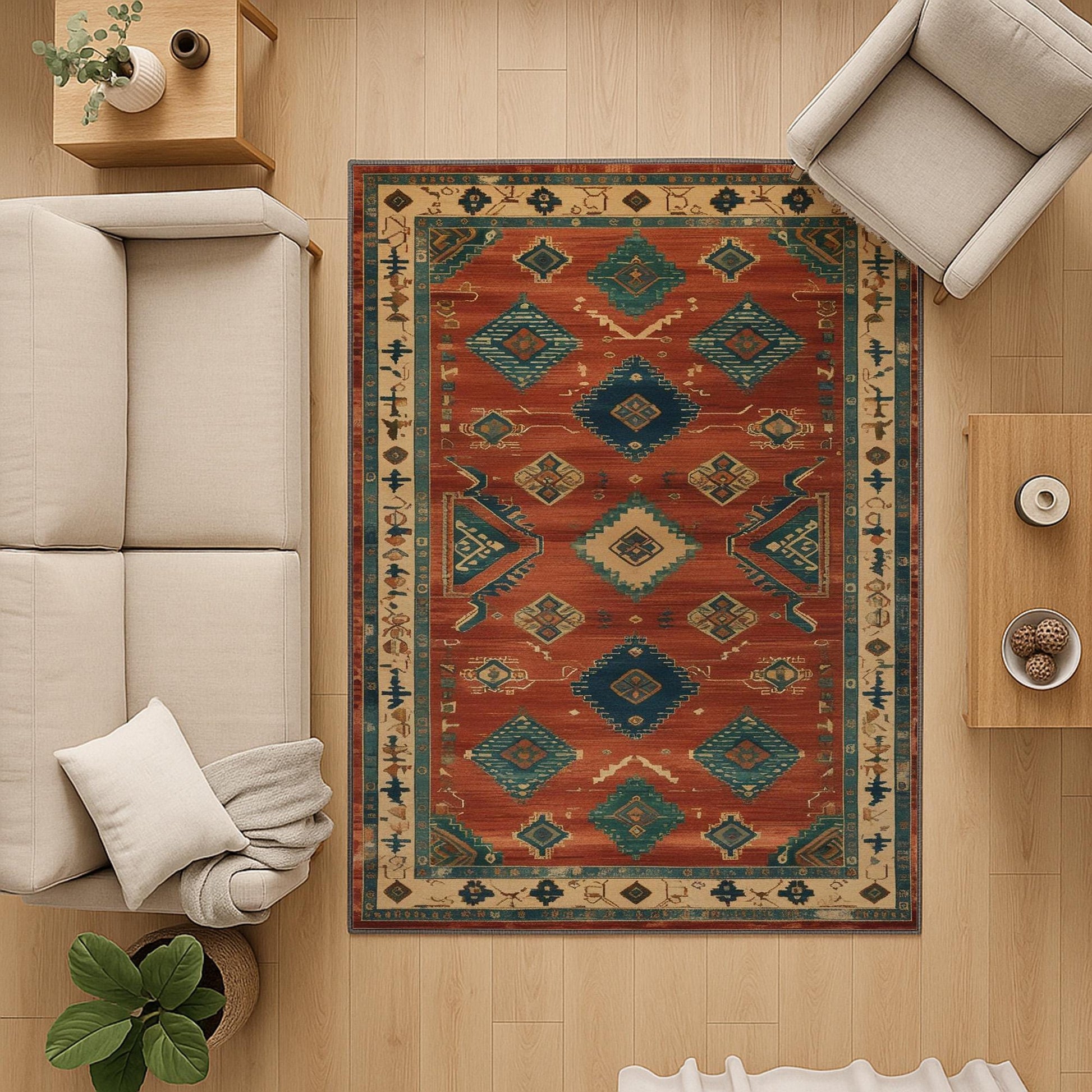 Aztec-inspired chenille rug with oriental influence, rust red background, blue and cream tribal diamond motifs, washable non-slip backing, perfect for boho and rustic decor.