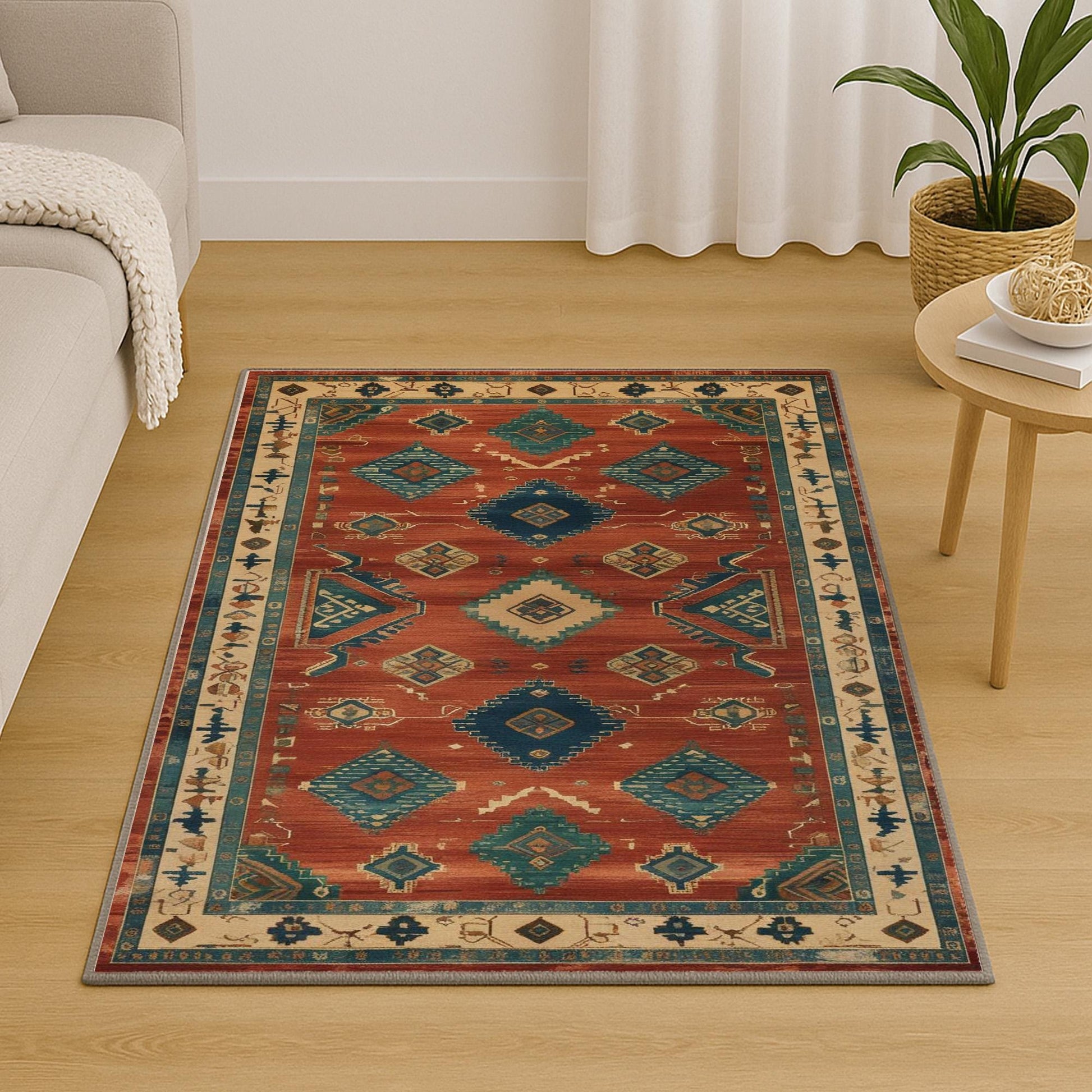 Aztec-inspired chenille rug with oriental influence, rust red background, blue and cream tribal diamond motifs, washable non-slip backing, perfect for boho and rustic decor.