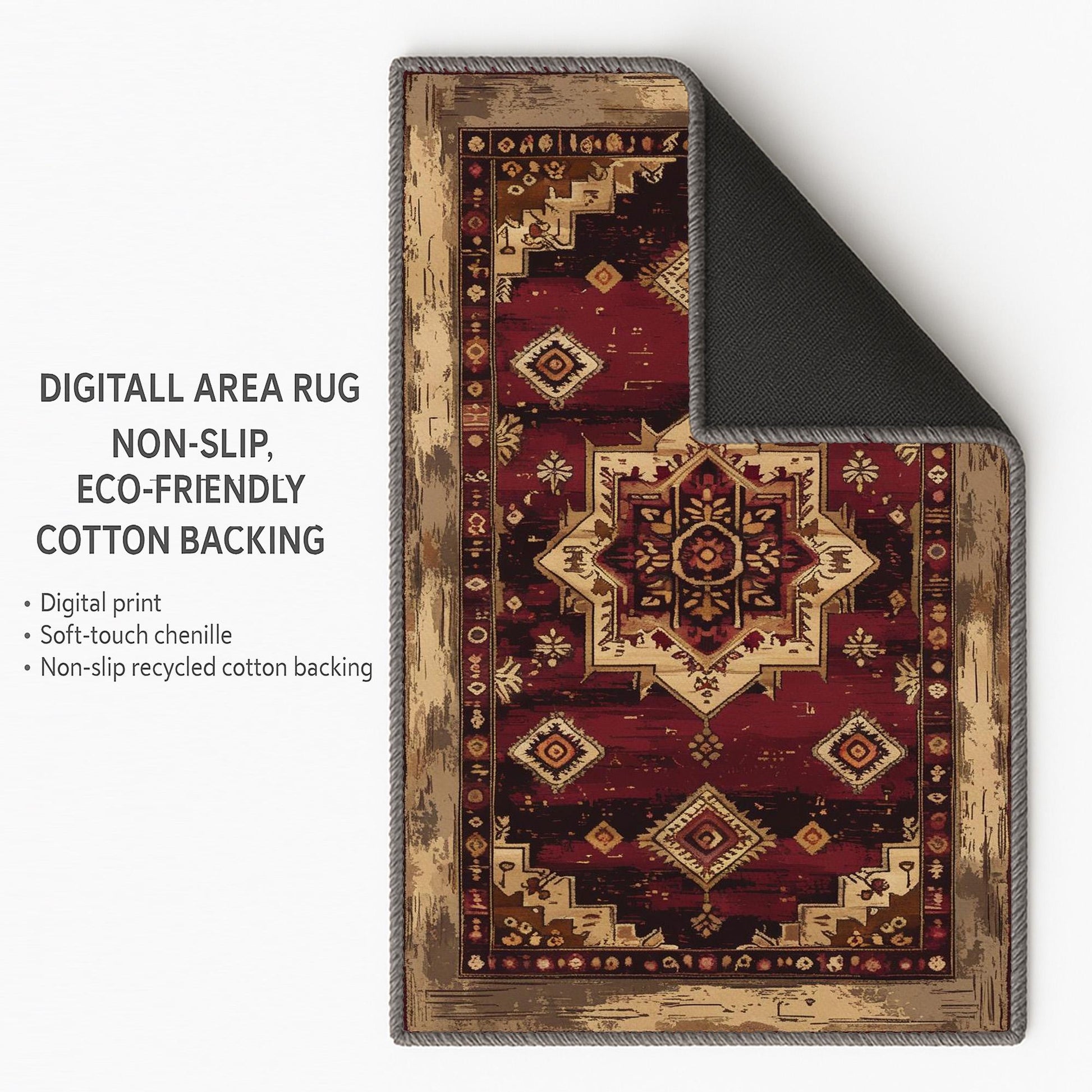 Bohemian-inspired chenille rug with central floral medallion, deep red background, beige and gold accents, washable non-slip backing, perfect for boho and vintage decor.