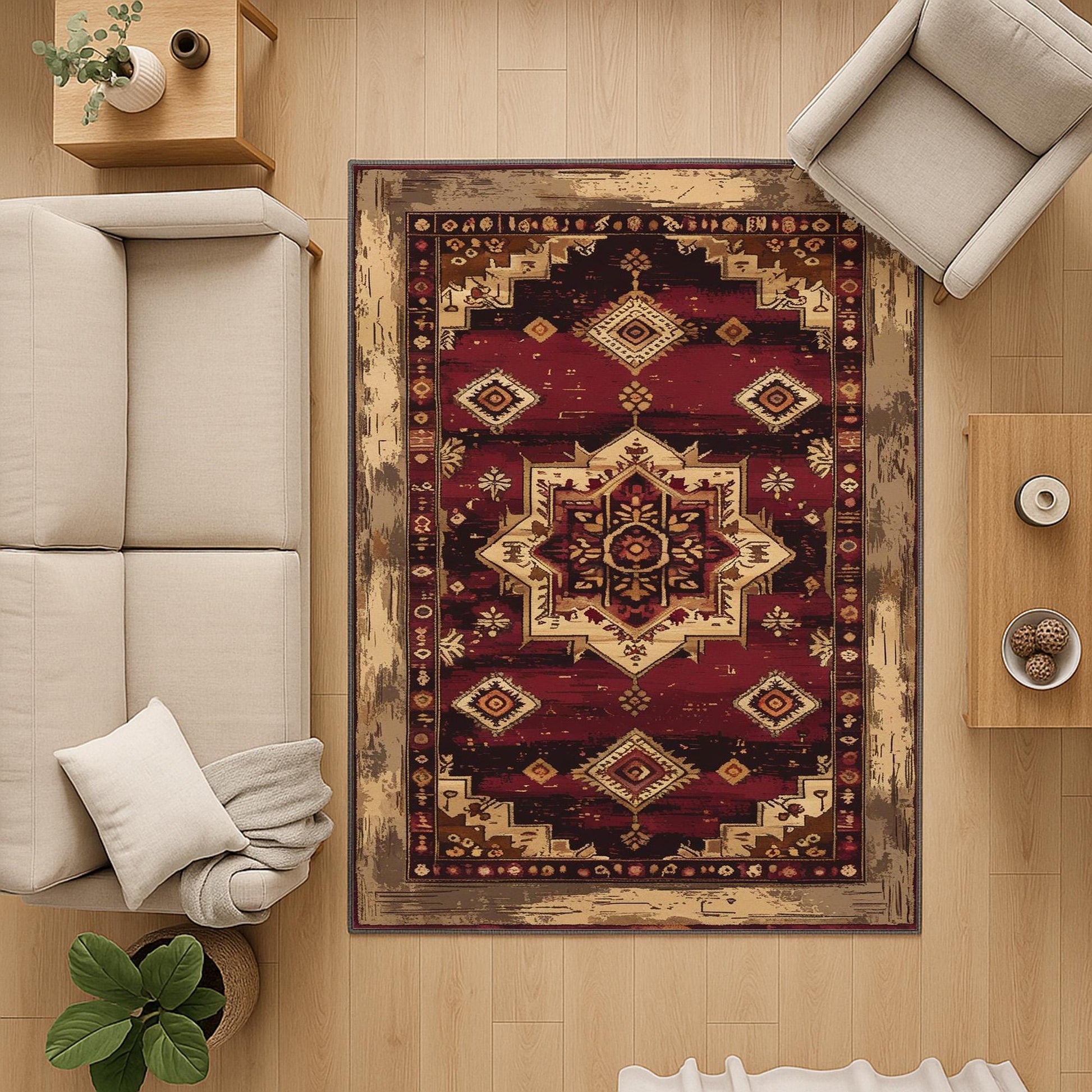 Bohemian-inspired chenille rug with central floral medallion, deep red background, beige and gold accents, washable non-slip backing, perfect for boho and vintage decor.