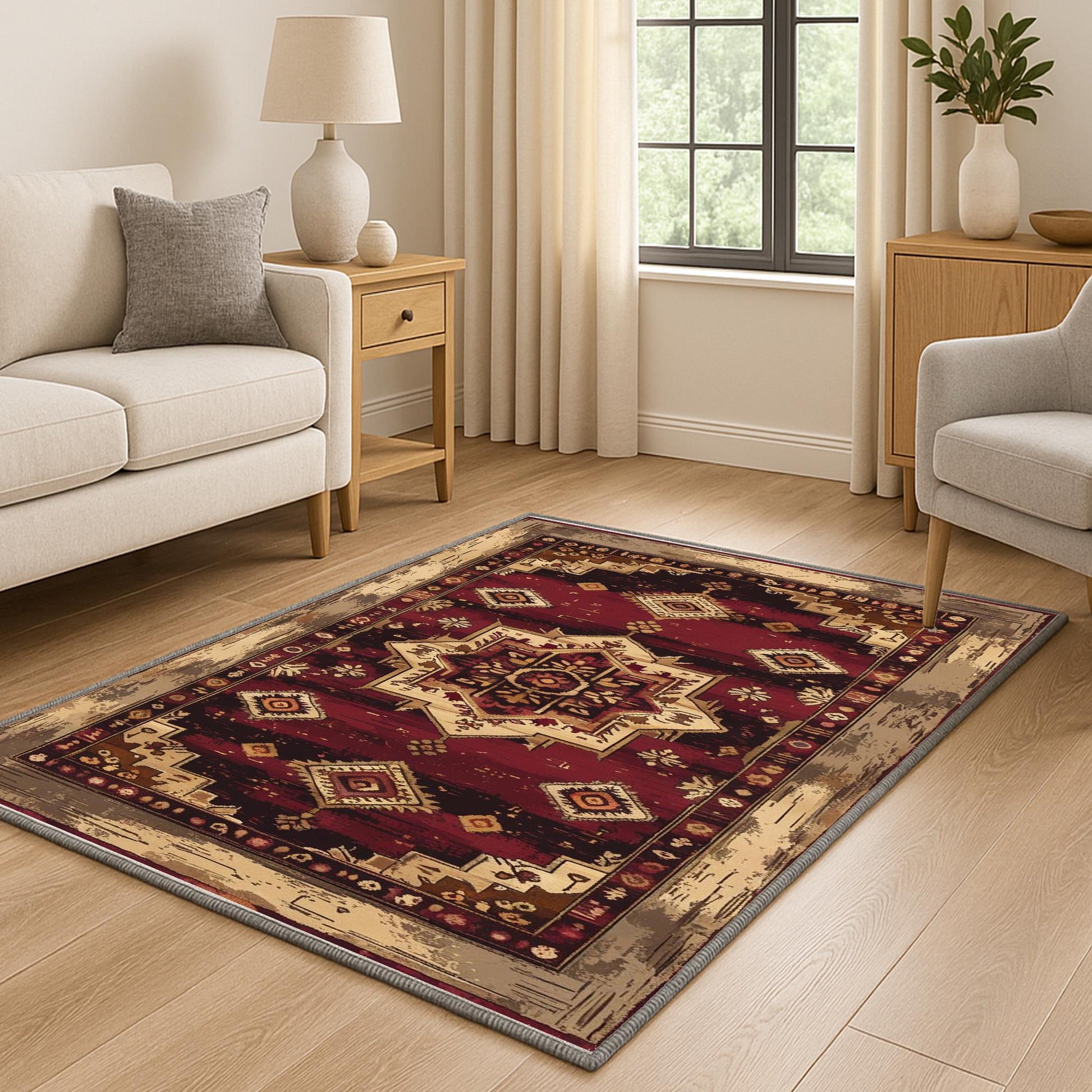 Bohemian-inspired chenille rug with central floral medallion, deep red background, beige and gold accents, washable non-slip backing, perfect for boho and vintage decor.