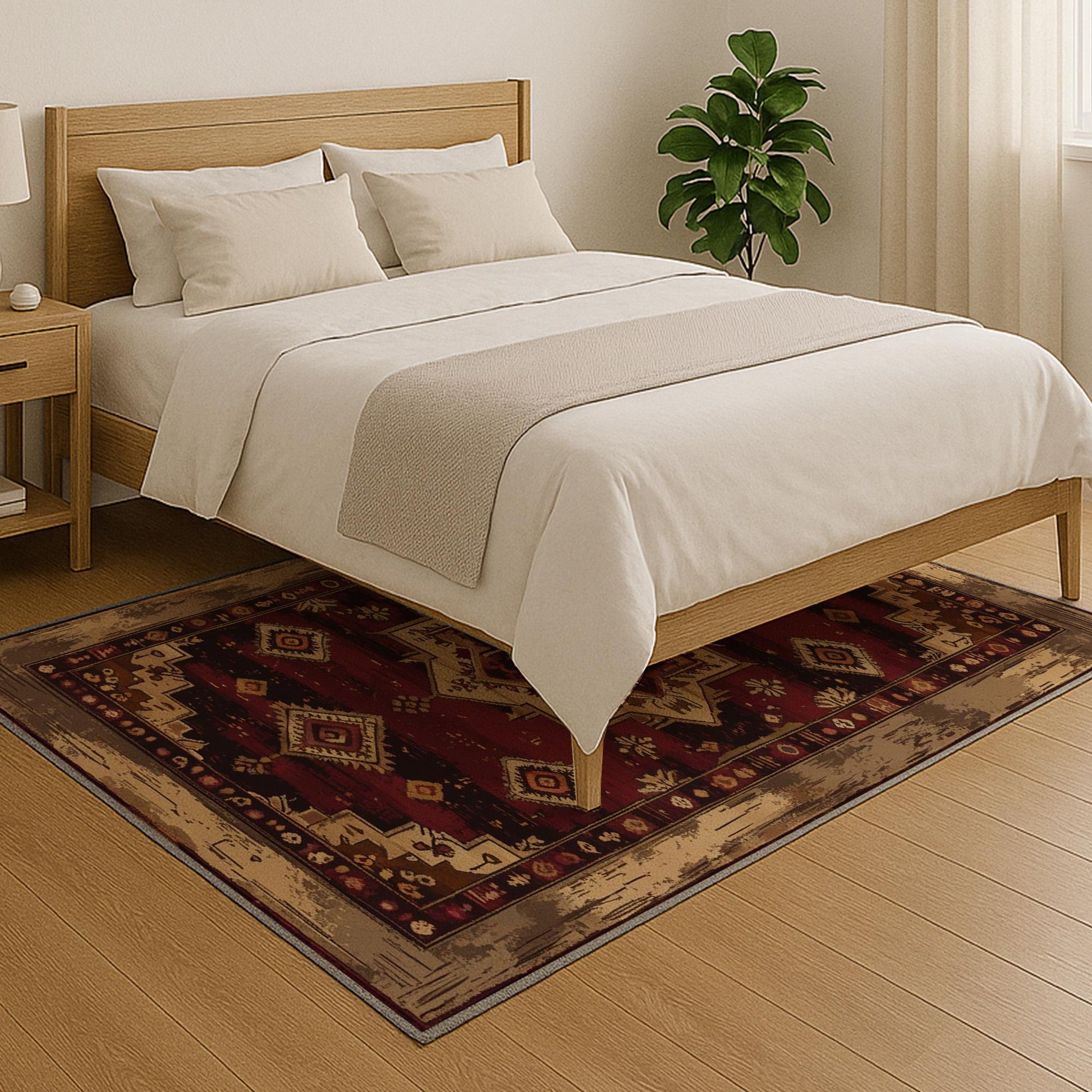 Bohemian-inspired chenille rug with central floral medallion, deep red background, beige and gold accents, washable non-slip backing, perfect for boho and vintage decor.