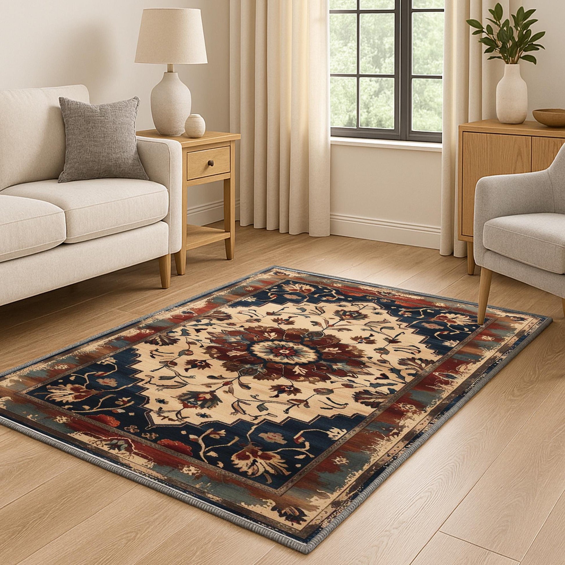 Bohemian Floral Medallion Rug - Washable Chenille Carpet with Oriental Border - Vintage Style Non-Slip Area Rug for Living Room
