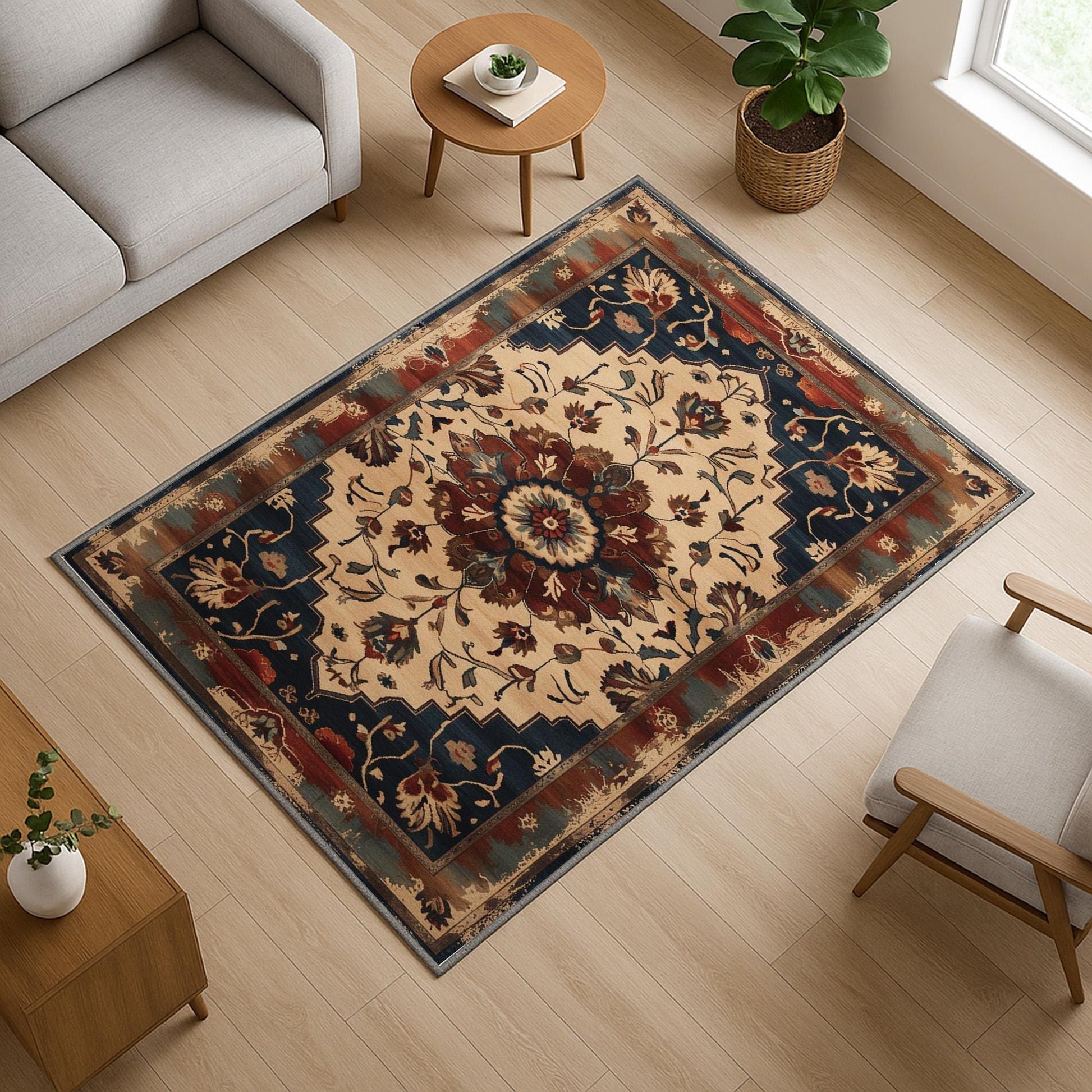 Bohemian Floral Medallion Rug - Washable Chenille Carpet with Oriental Border - Vintage Style Non-Slip Area Rug for Living Room