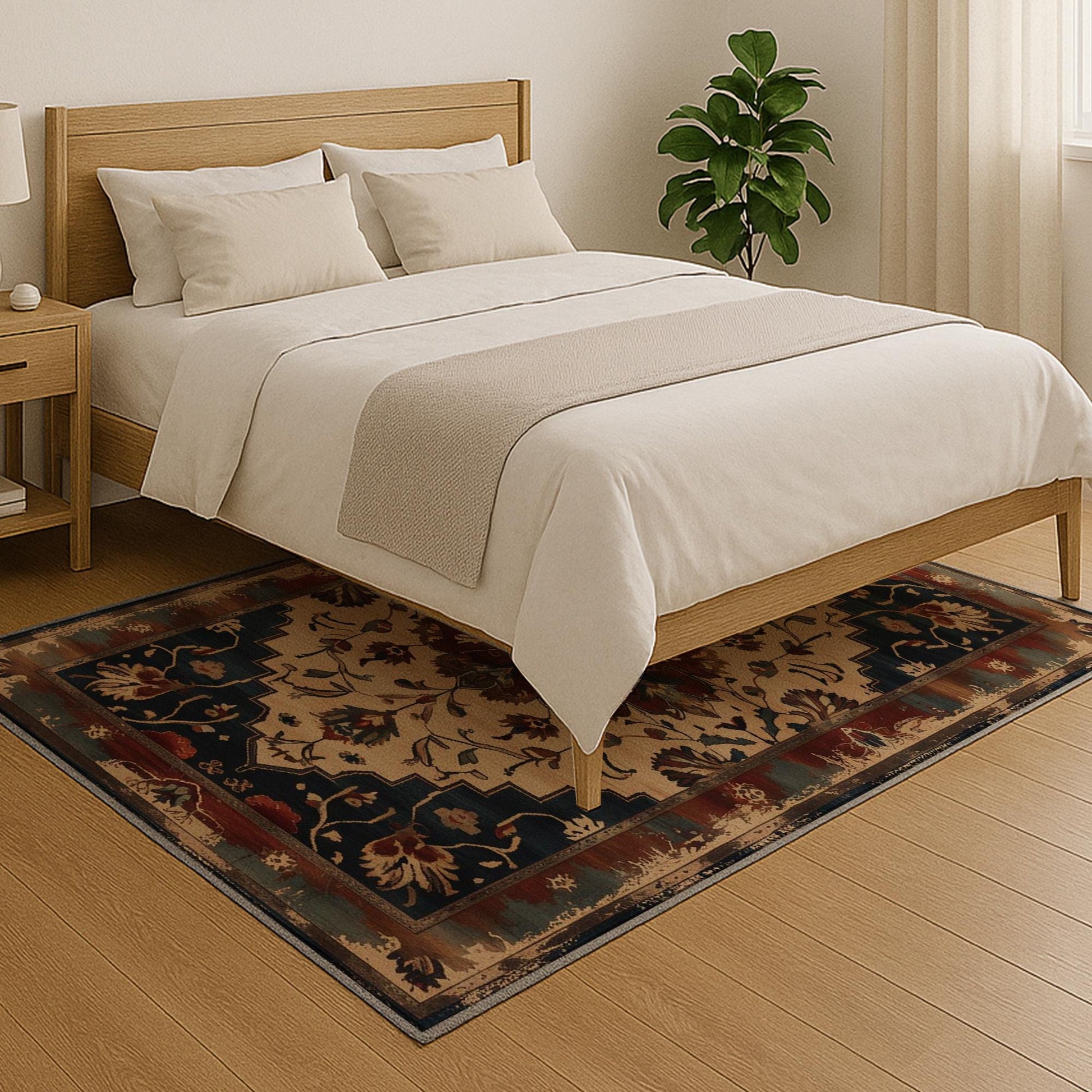Bohemian Floral Medallion Rug - Washable Chenille Carpet with Oriental Border - Vintage Style Non-Slip Area Rug for Living Room