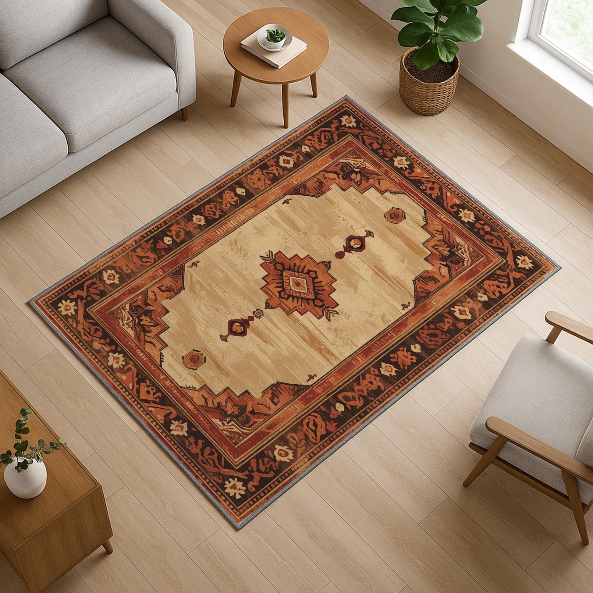Bohemian geometric medallion rug with oriental border, warm beige and terracotta tones, washable chenille surface, non-slip backing.