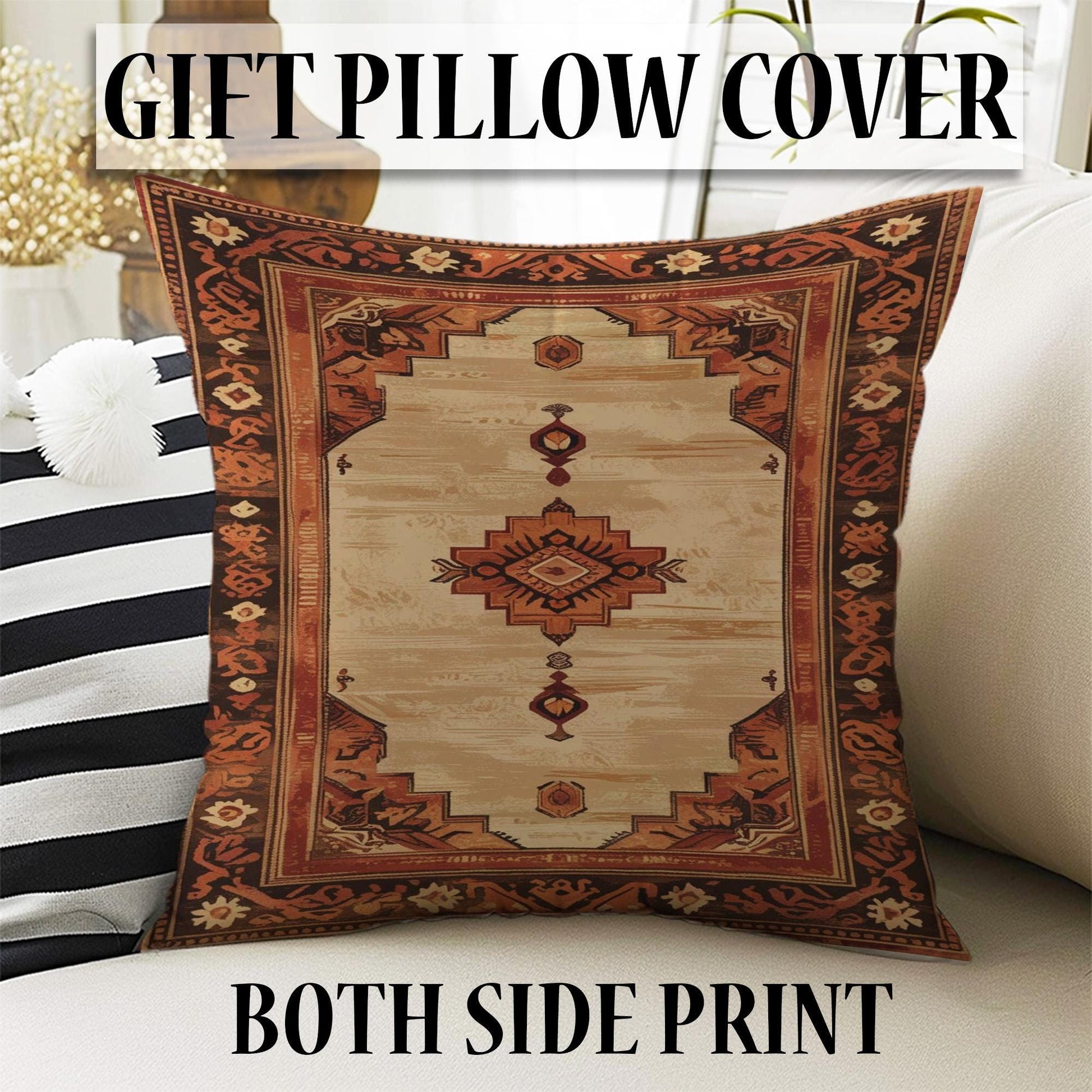 Bohemian geometric medallion rug with oriental border, warm beige and terracotta tones, washable chenille surface, non-slip backing.