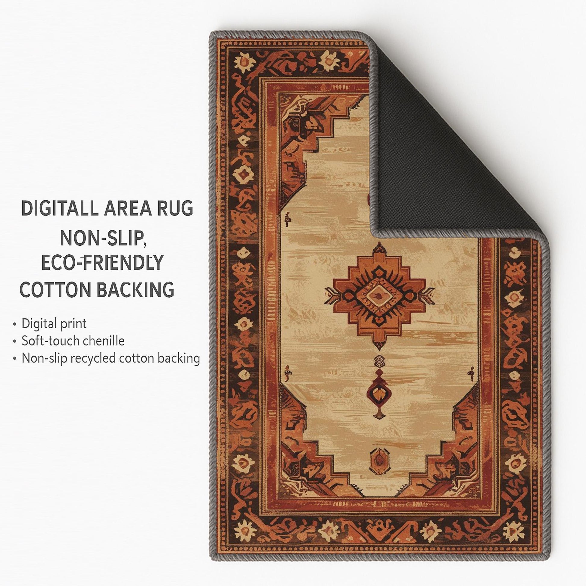 Bohemian geometric medallion rug with oriental border, warm beige and terracotta tones, washable chenille surface, non-slip backing.