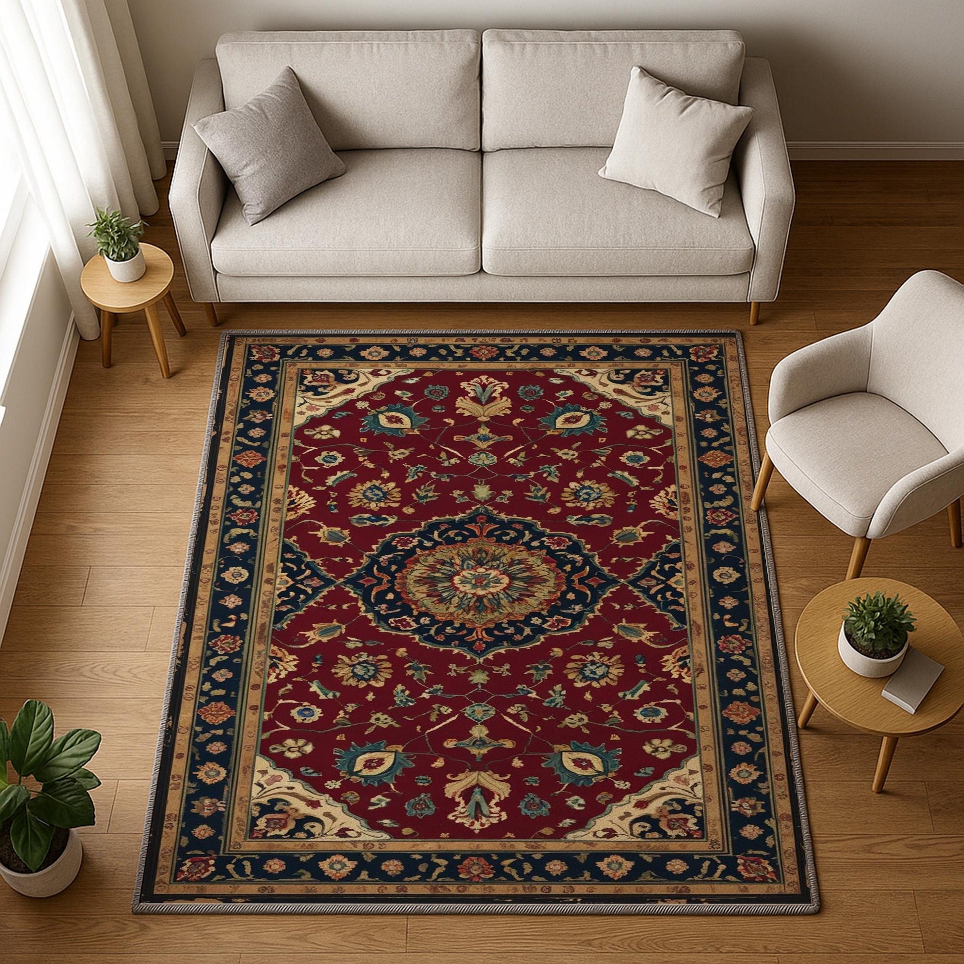 Red oriental medallion rug with floral border, deep crimson background, washable chenille surface, non-slip recycled cotton backing.
