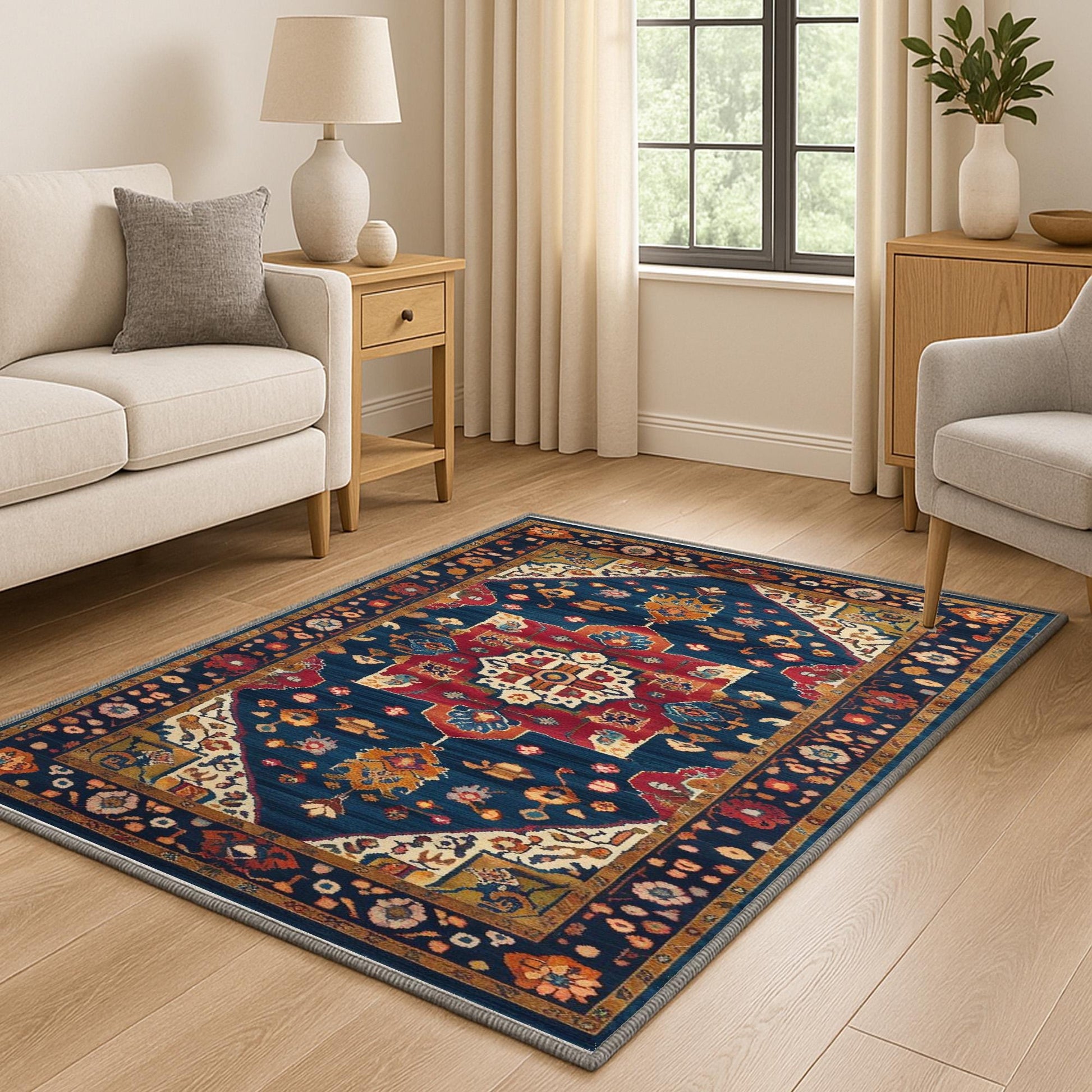 Colorful oriental chenille rug with antique frame border, rich floral motifs in deep blue, red, and gold tones, washable and non-slip backing.