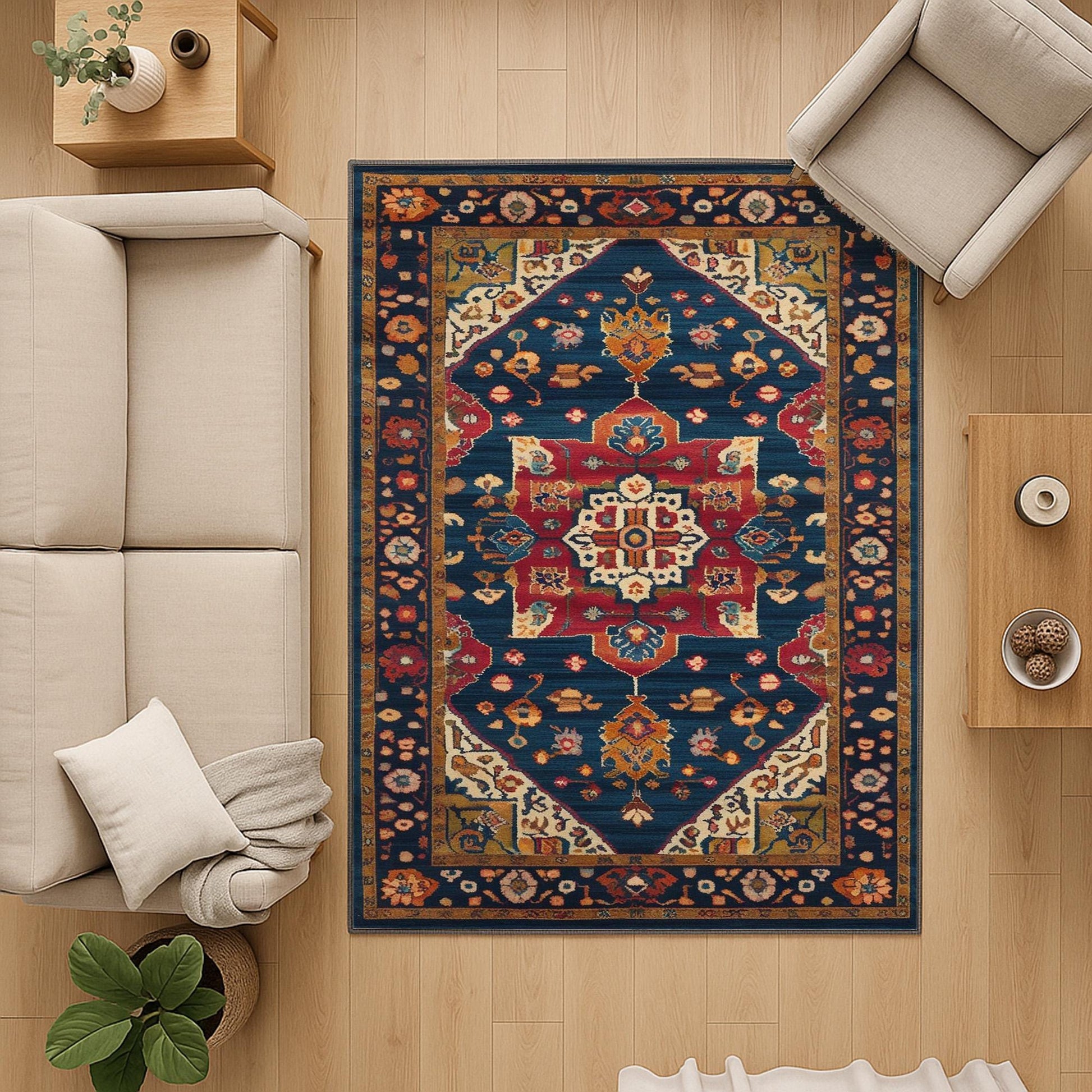 Colorful oriental chenille rug with antique frame border, rich floral motifs in deep blue, red, and gold tones, washable and non-slip backing.