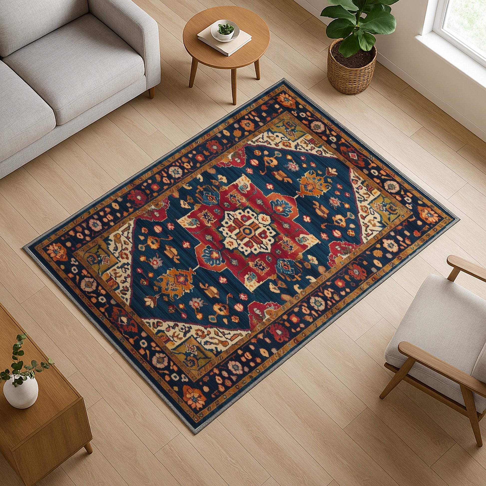 Colorful oriental chenille rug with antique frame border, rich floral motifs in deep blue, red, and gold tones, washable and non-slip backing.