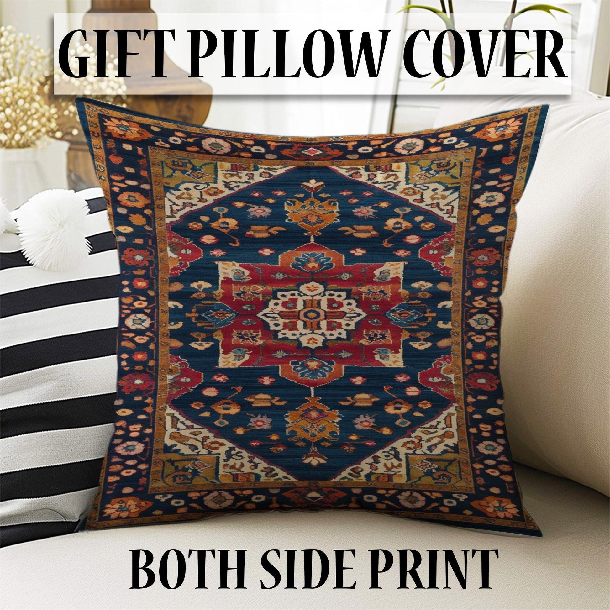 Colorful oriental chenille rug with antique frame border, rich floral motifs in deep blue, red, and gold tones, washable and non-slip backing.