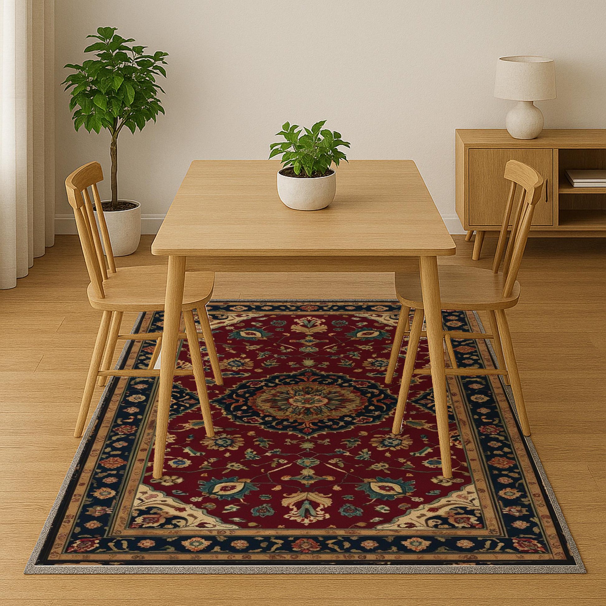 Colorful oriental chenille rug with antique frame border, rich floral motifs in deep blue, red, and gold tones, washable and non-slip backing.