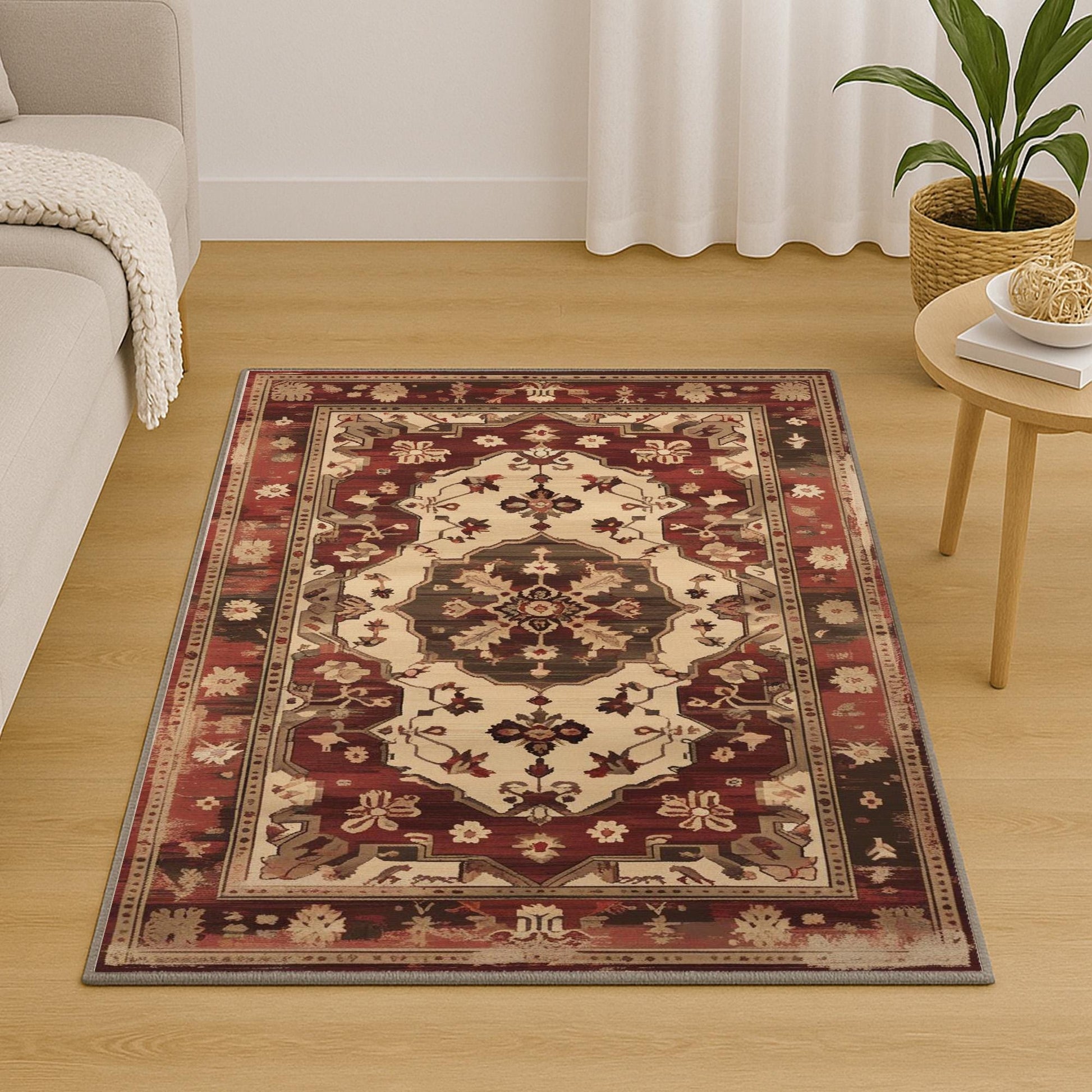 Red and beige oriental vintage rug with antique border and classic medallion design, washable chenille surface, non-slip recycled cotton backing, perfect for living room or dining space.