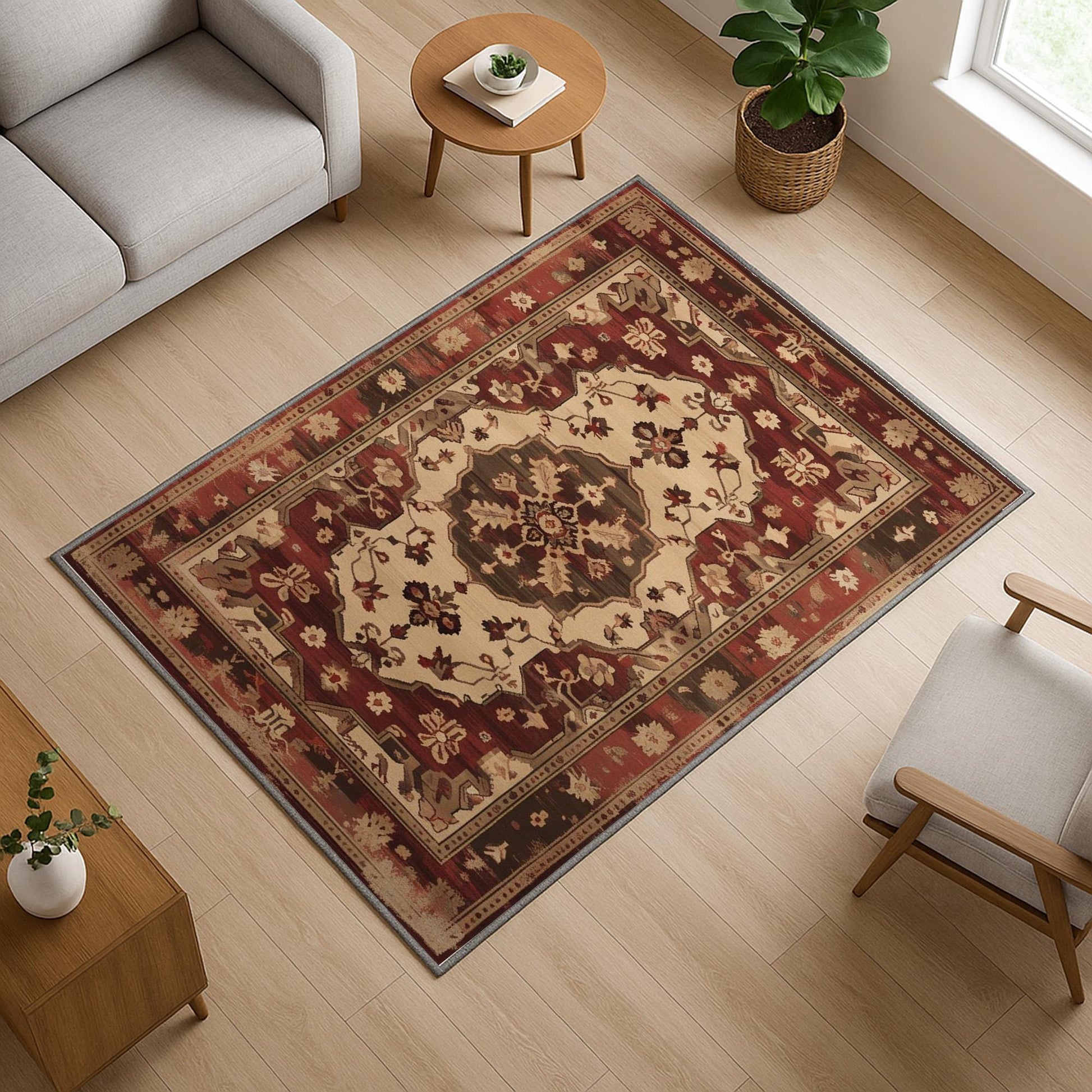 Red and beige oriental vintage rug with antique border and classic medallion design, washable chenille surface, non-slip recycled cotton backing, perfect for living room or dining space.