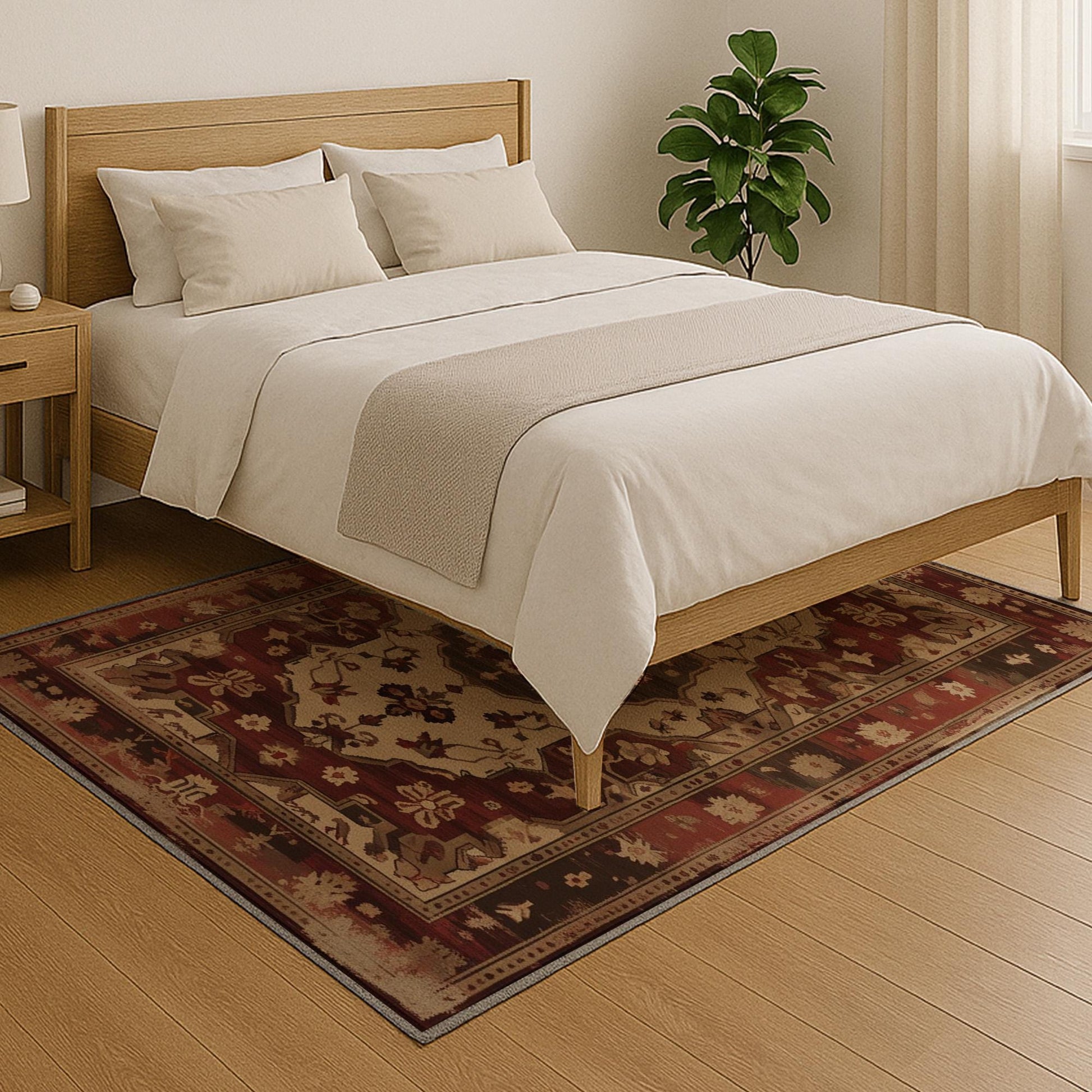 Red and beige oriental vintage rug with antique border and classic medallion design, washable chenille surface, non-slip recycled cotton backing, perfect for living room or dining space.