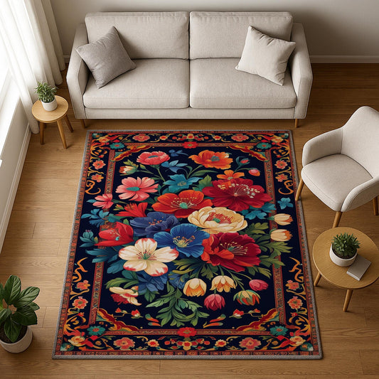 Vibrant floral chenille rug with colorful oriental frame border, washable non-slip backing, perfect for bohemian and vintage living room decor.