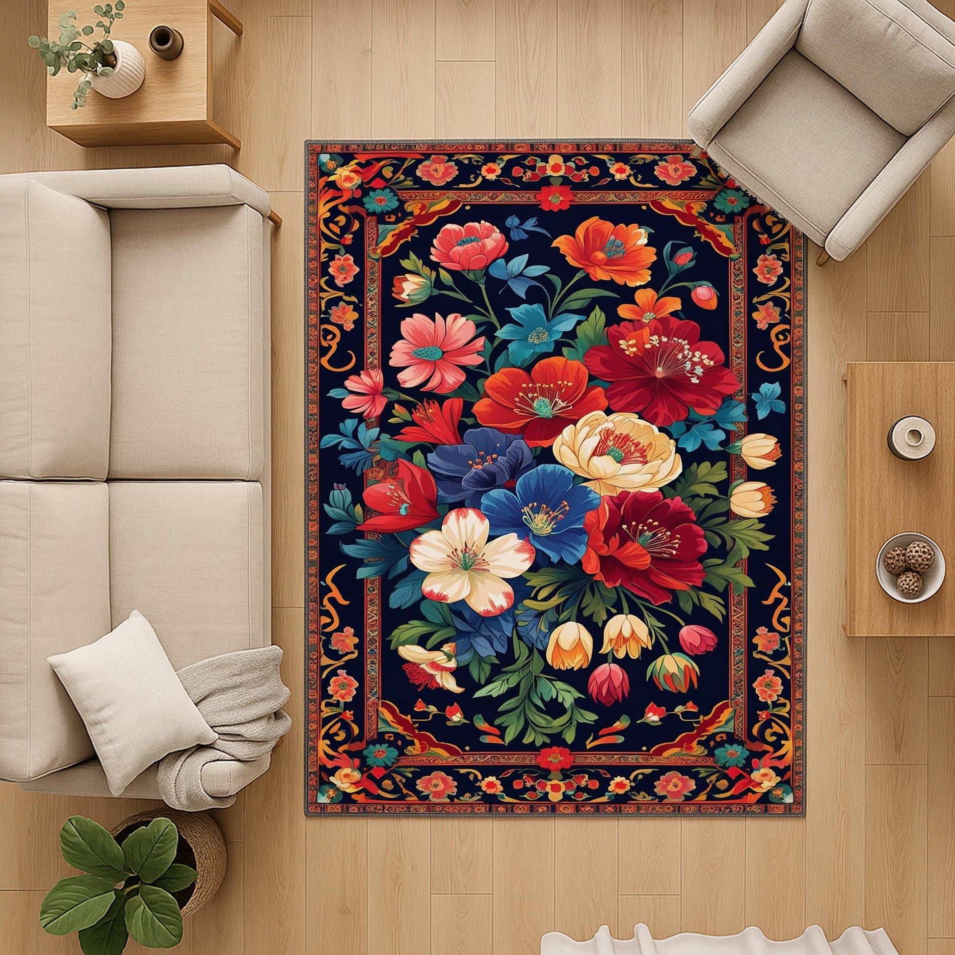 Vibrant floral chenille rug with colorful oriental frame border, washable non-slip backing, perfect for bohemian and vintage living room decor.