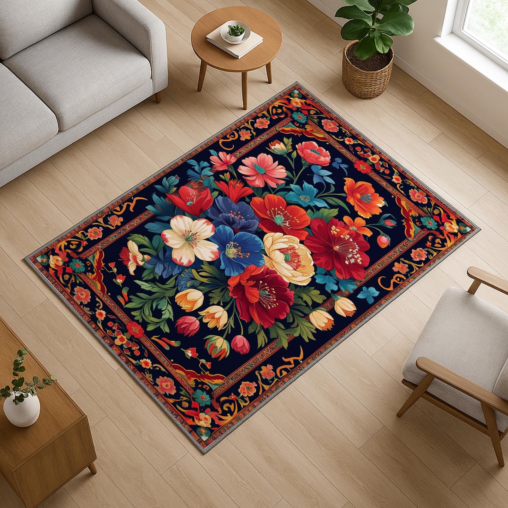 Vibrant floral chenille rug with colorful oriental frame border, washable non-slip backing, perfect for bohemian and vintage living room decor.