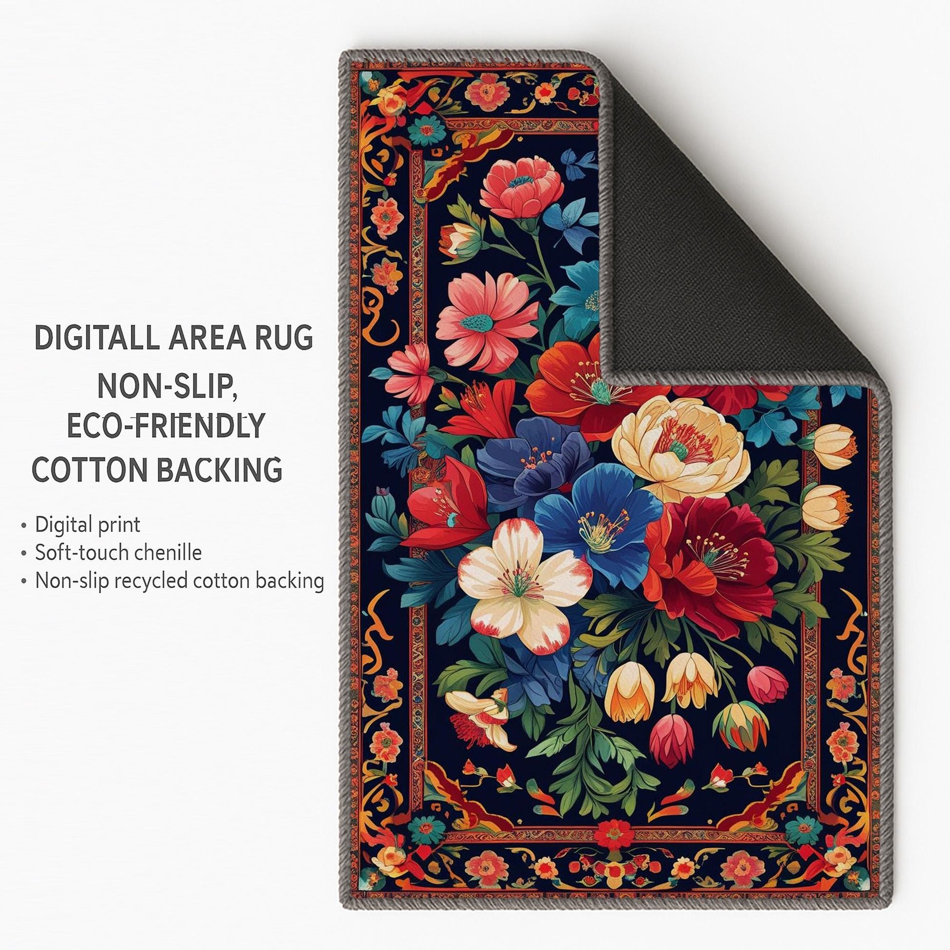 Vibrant floral chenille rug with colorful oriental frame border, washable non-slip backing, perfect for bohemian and vintage living room decor.