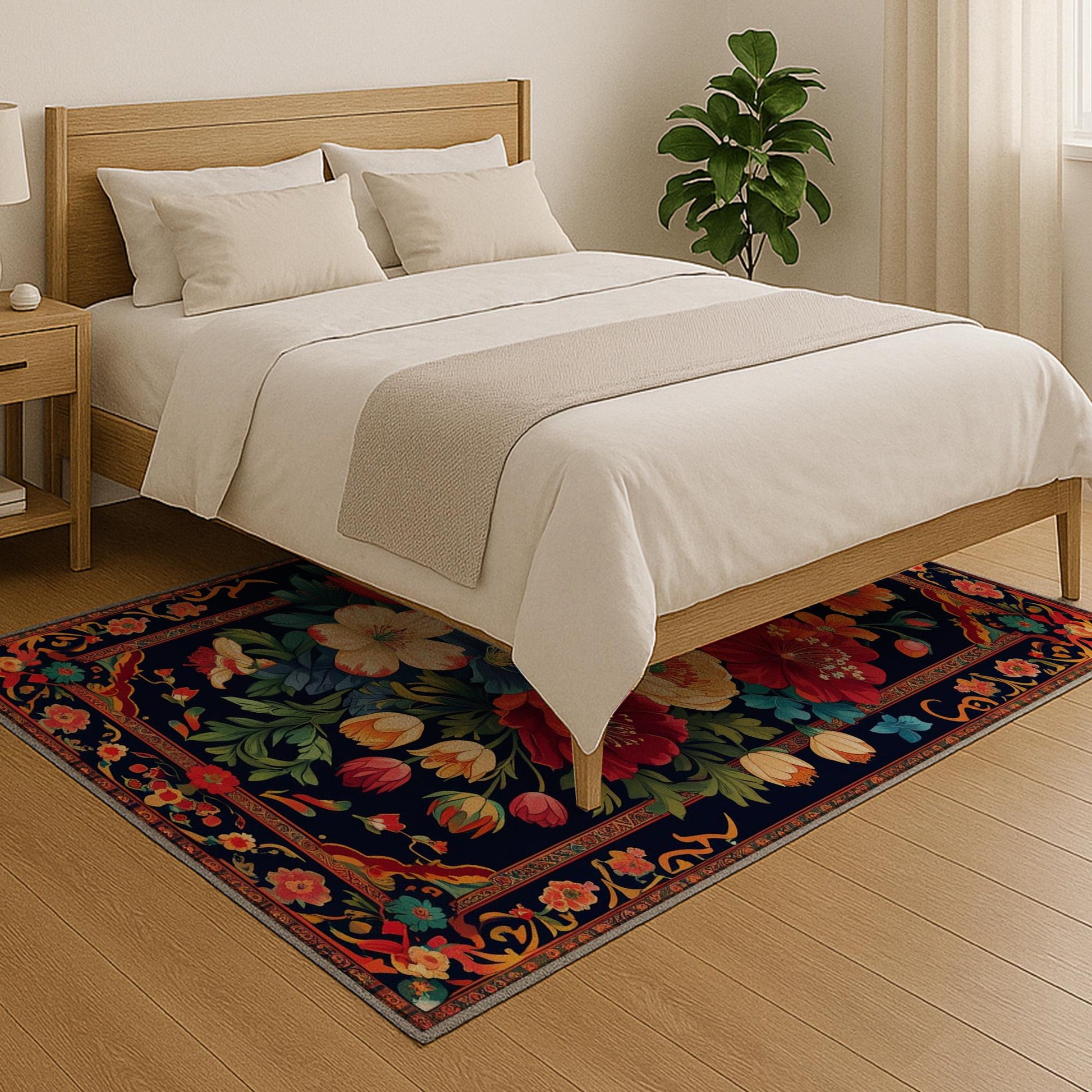 Vibrant floral chenille rug with colorful oriental frame border, washable non-slip backing, perfect for bohemian and vintage living room decor.