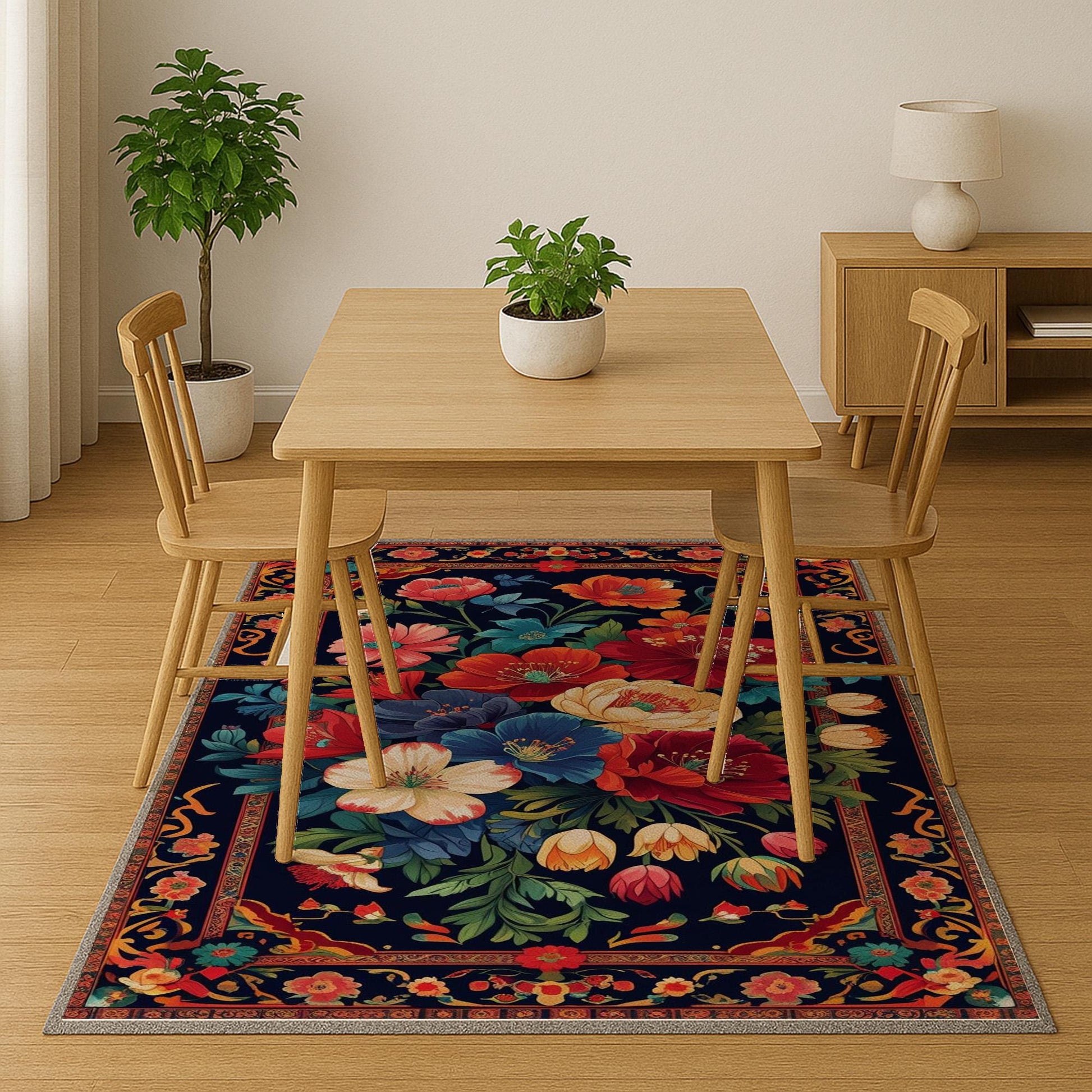 Vibrant floral chenille rug with colorful oriental frame border, washable non-slip backing, perfect for bohemian and vintage living room decor.
