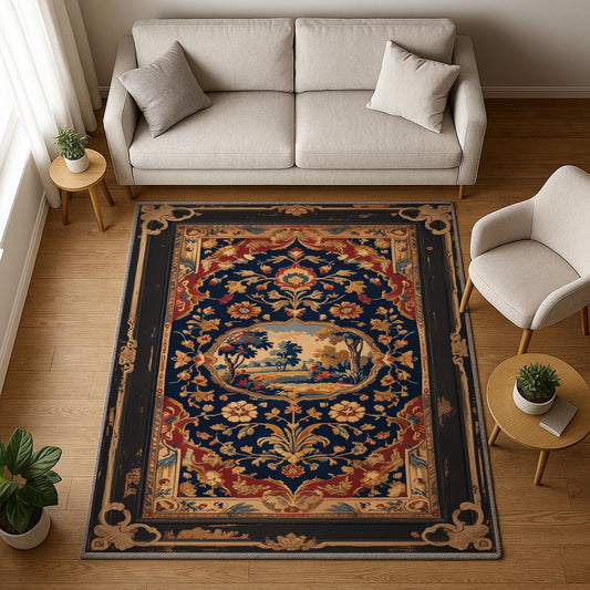French tapestry style chenille rug featuring a vintage garden scene with trees and flowers, surrounded by a rich oriental border in navy, red, and gold tones. Washable, non-slip, and perfect for Victorian or dark academia interiors.