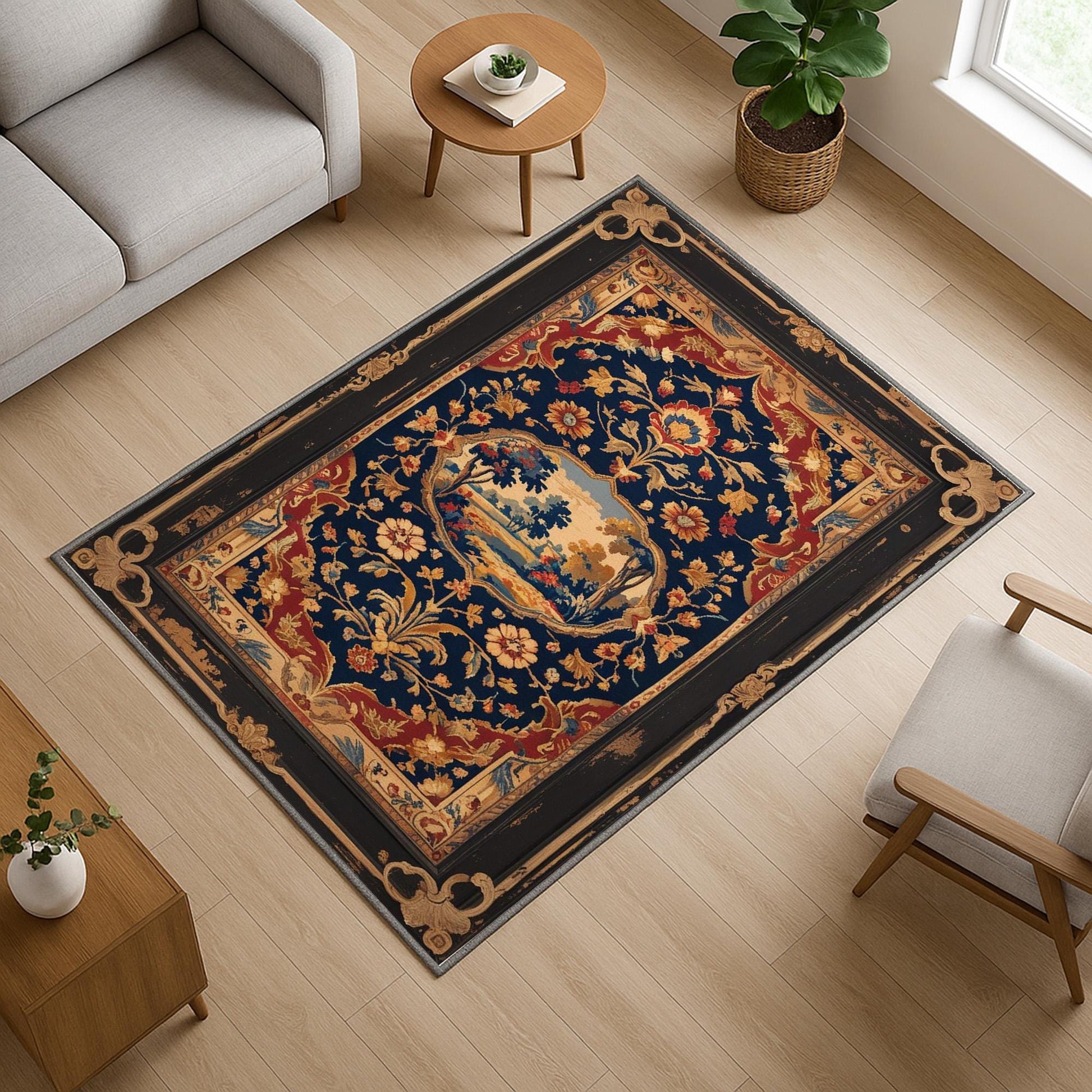 French tapestry style chenille rug featuring a vintage garden scene with trees and flowers, surrounded by a rich oriental border in navy, red, and gold tones. Washable, non-slip, and perfect for Victorian or dark academia interiors.