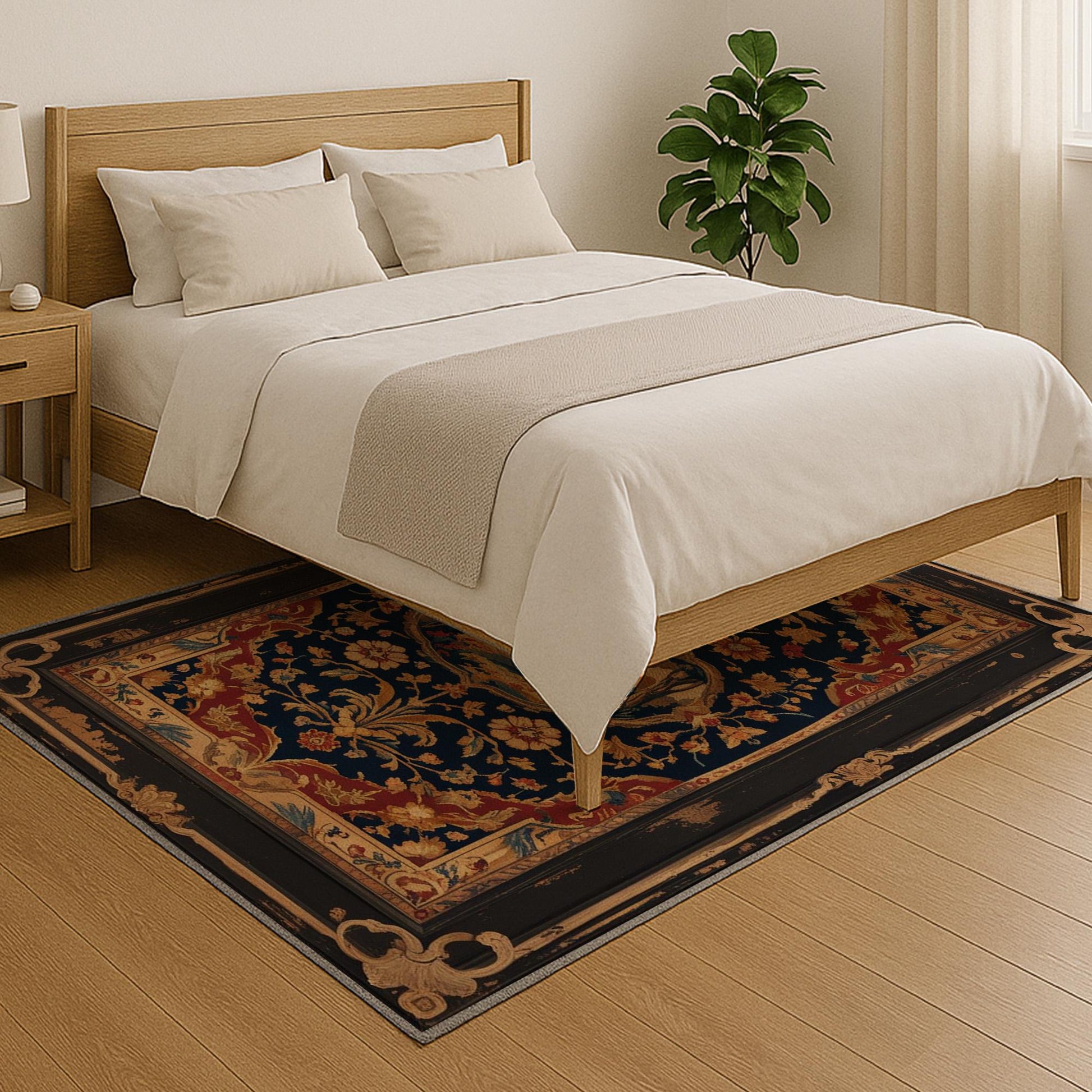French tapestry style chenille rug featuring a vintage garden scene with trees and flowers, surrounded by a rich oriental border in navy, red, and gold tones. Washable, non-slip, and perfect for Victorian or dark academia interiors.