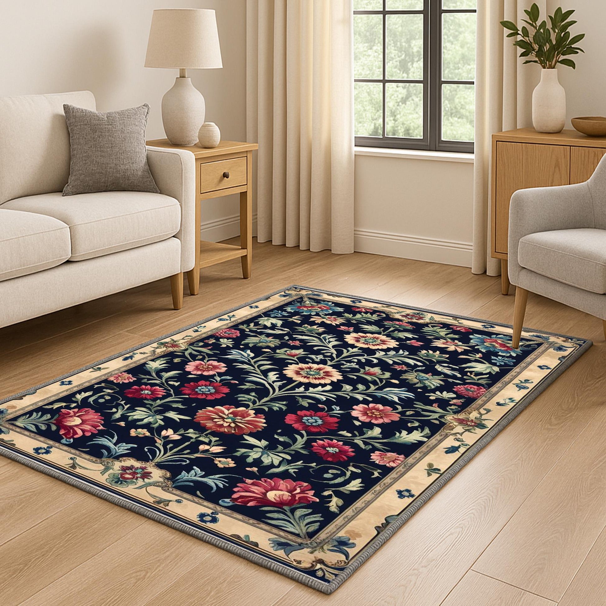 Vintage French floral tapestry rug with black background, ornate red and cream flowers, and antique cream border, washable chenille carpet for elegant home decor.