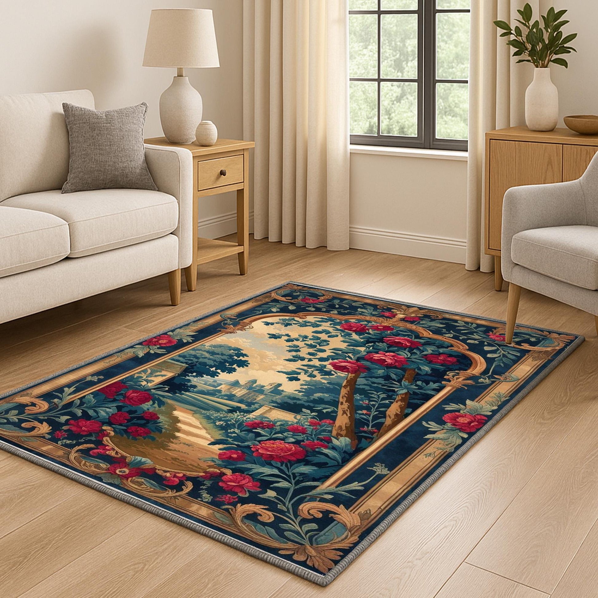 French Victorian chenille rug with ornate floral and grapevine design, antique-style border, washable non-slip backing, perfect for vintage home decor.