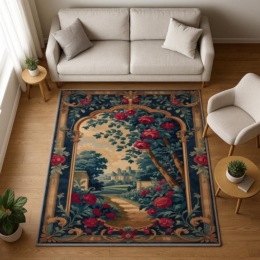 French Victorian chenille rug with ornate floral and grapevine design, antique-style border, washable non-slip backing, perfect for vintage home decor.