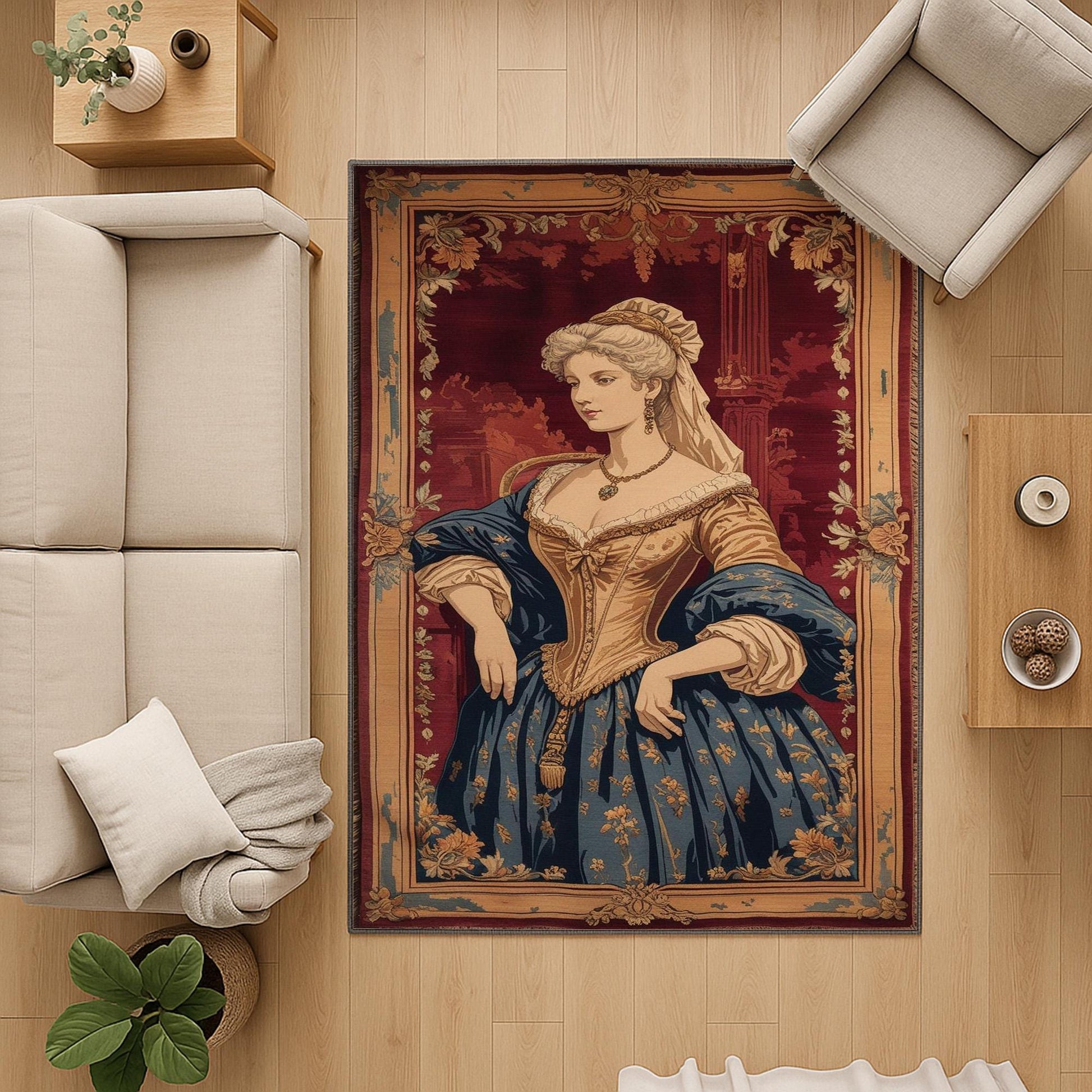 Victorian Lady France Tapestry Rug - Elegant Washable Chenille Carpet with Antique Oriental Border for Classic Home Decor
