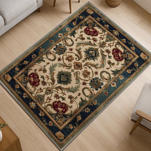 Victorian-style chenille rug with deep blue and red floral tapestry design, antique oriental border, washable and non-slip backing.