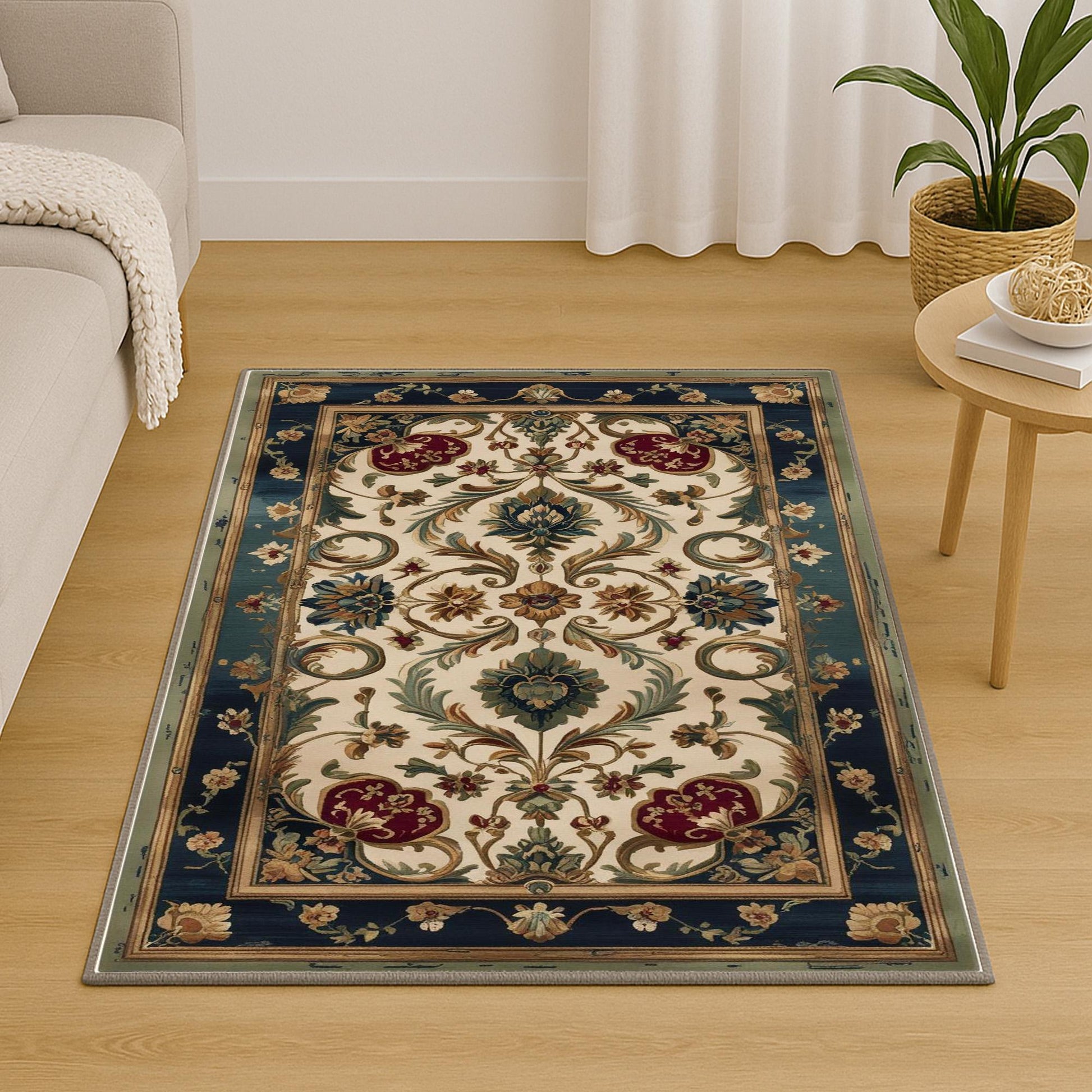 Victorian-style chenille rug with deep blue and red floral tapestry design, antique oriental border, washable and non-slip backing.