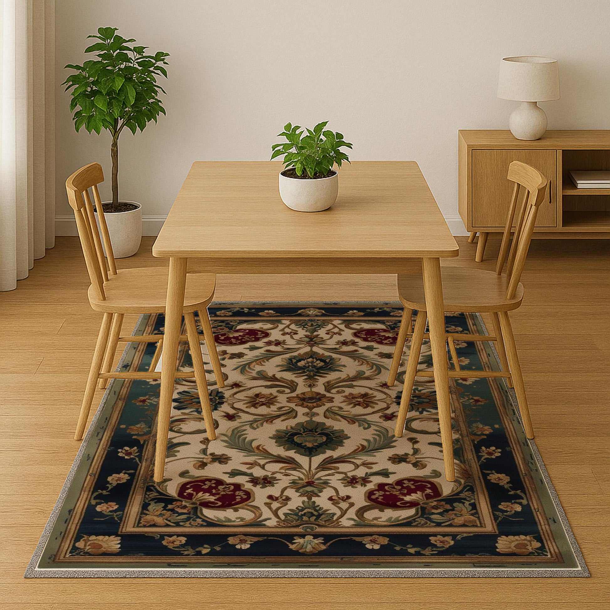Victorian-style chenille rug with deep blue and red floral tapestry design, antique oriental border, washable and non-slip backing.
