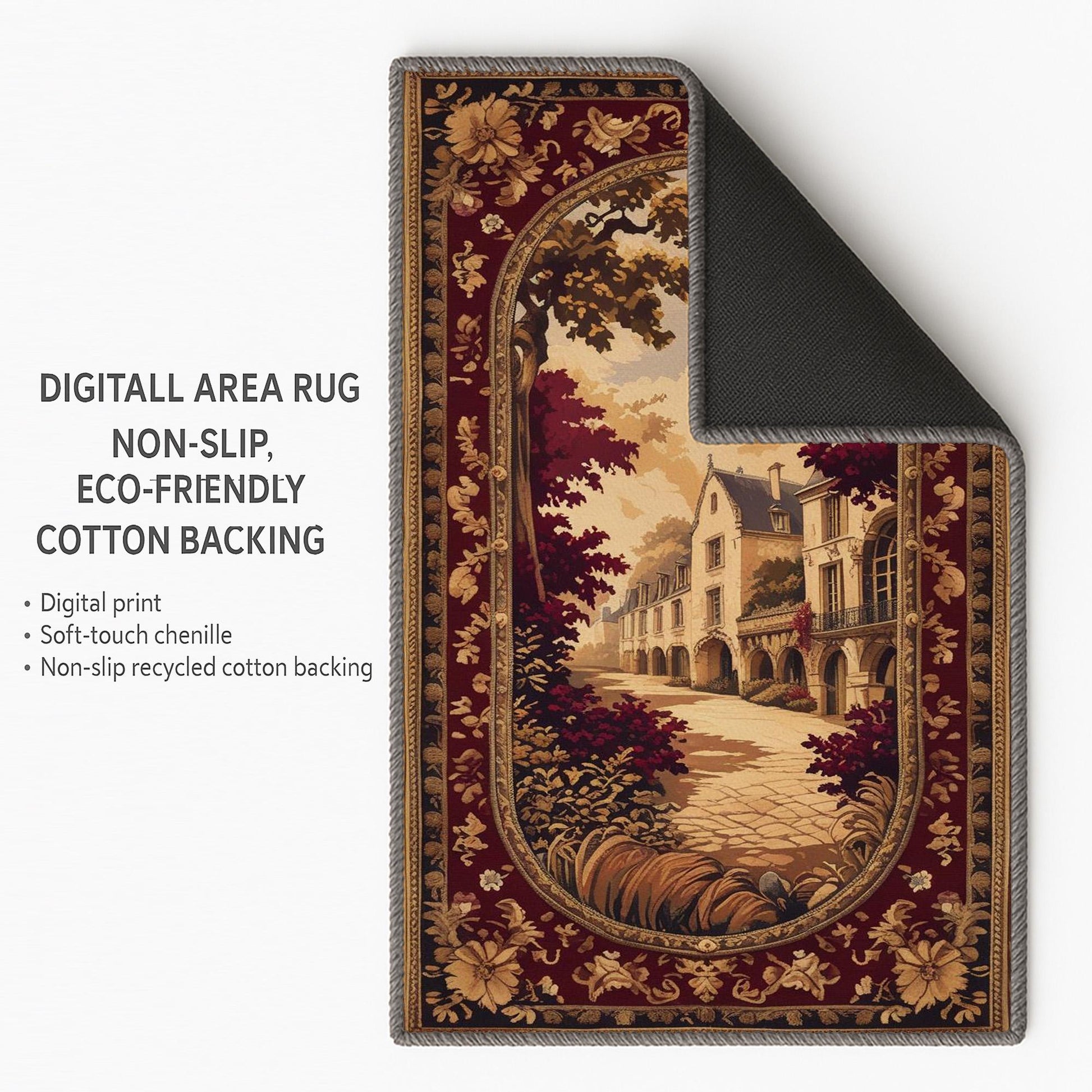 French Victorian tapestry rug with an antique floral border, depicting a charming old-town street scene in warm burgundy, gold, and cream tones.