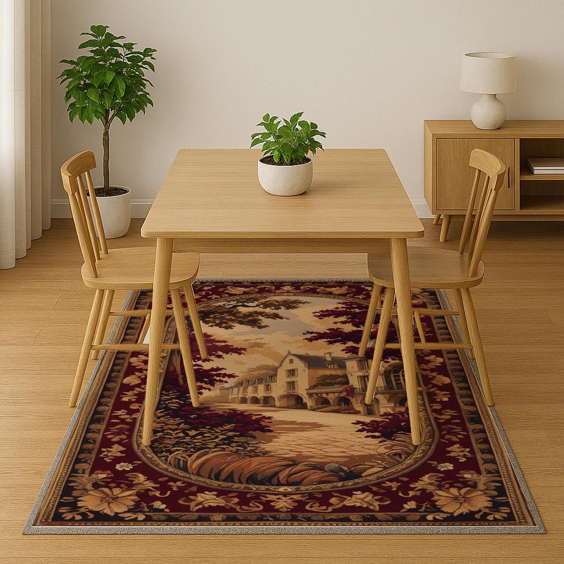 French Victorian tapestry rug with an antique floral border, depicting a charming old-town street scene in warm burgundy, gold, and cream tones.