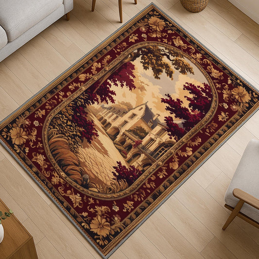 French Victorian tapestry rug with an antique floral border, depicting a charming old-town street scene in warm burgundy, gold, and cream tones.