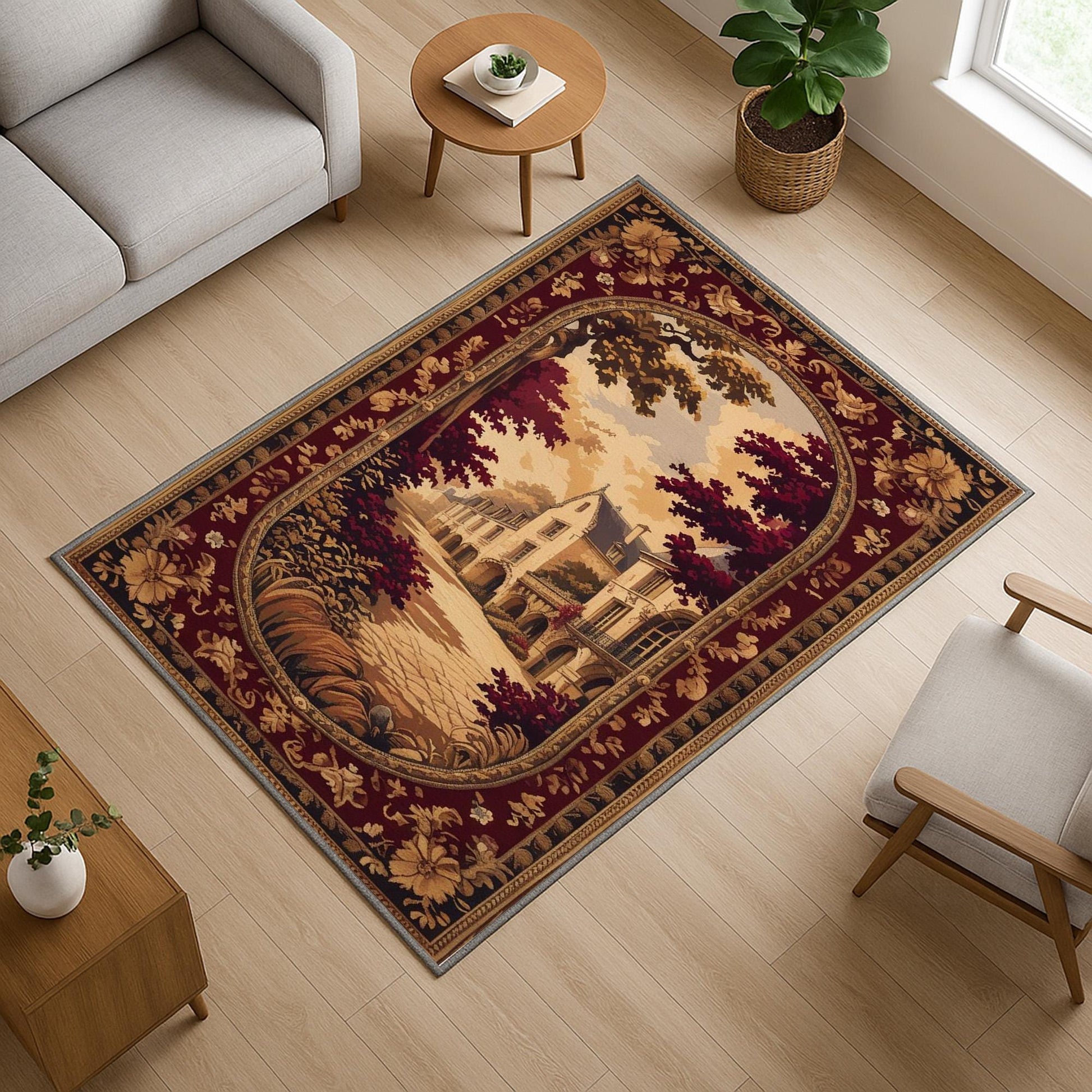 French Victorian tapestry rug with an antique floral border, depicting a charming old-town street scene in warm burgundy, gold, and cream tones.