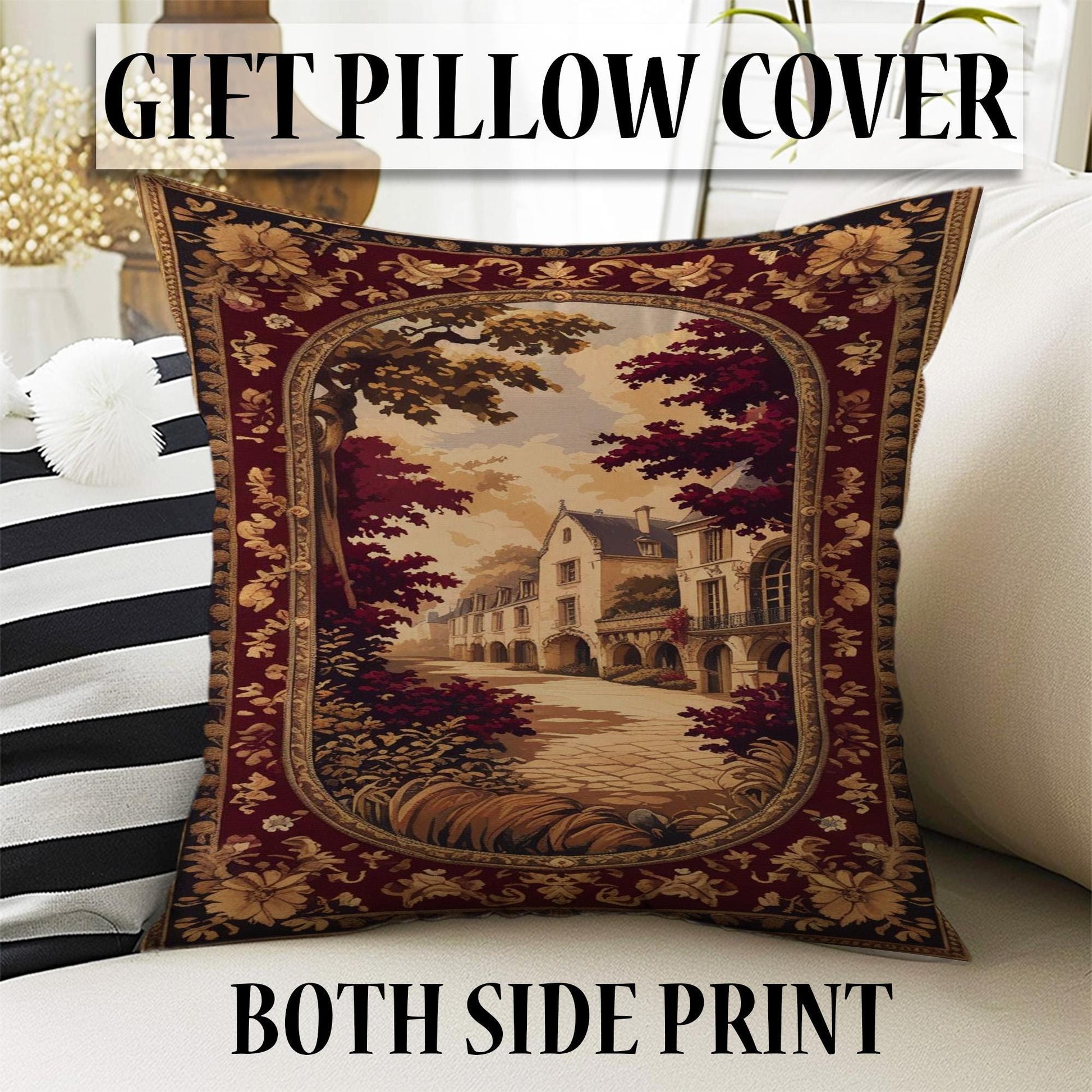 French Victorian tapestry rug with an antique floral border, depicting a charming old-town street scene in warm burgundy, gold, and cream tones.