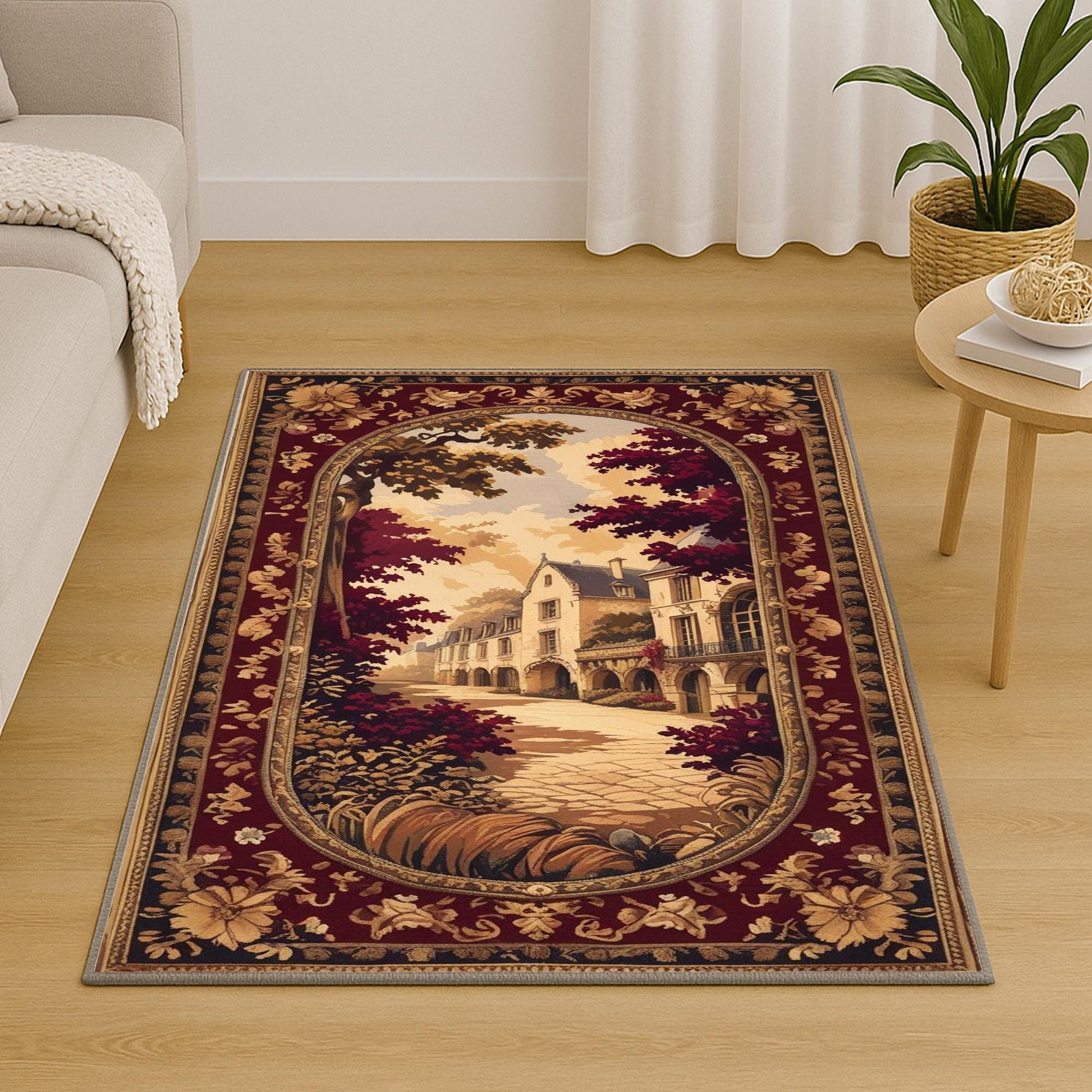 French Victorian tapestry rug with an antique floral border, depicting a charming old-town street scene in warm burgundy, gold, and cream tones.