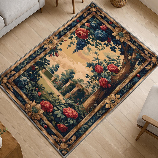 French Victorian chenille tapestry rug with ornate oriental frame, red and blue florals, grape clusters, and a romantic garden scene.