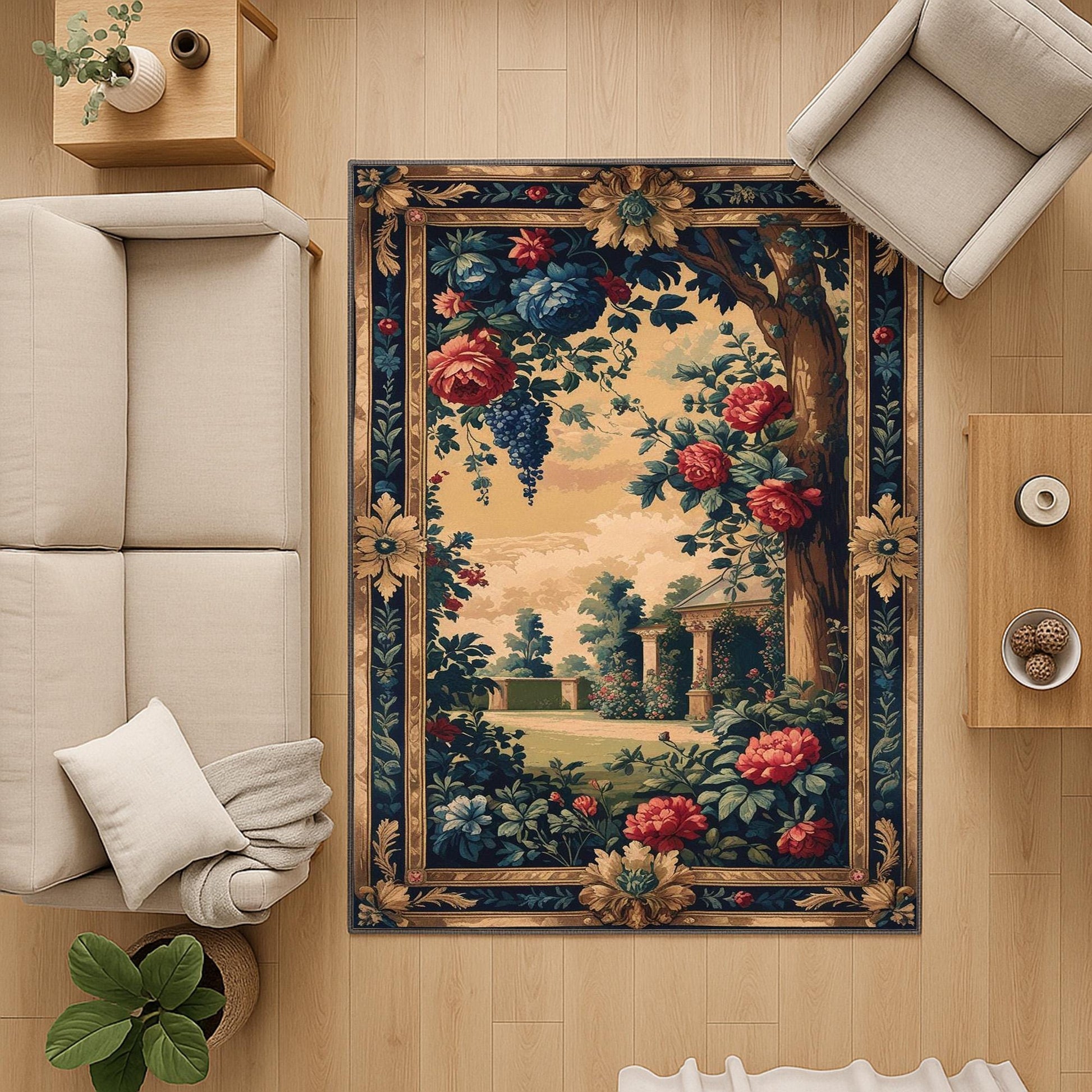 French Victorian chenille tapestry rug with ornate oriental frame, red and blue florals, grape clusters, and a romantic garden scene.