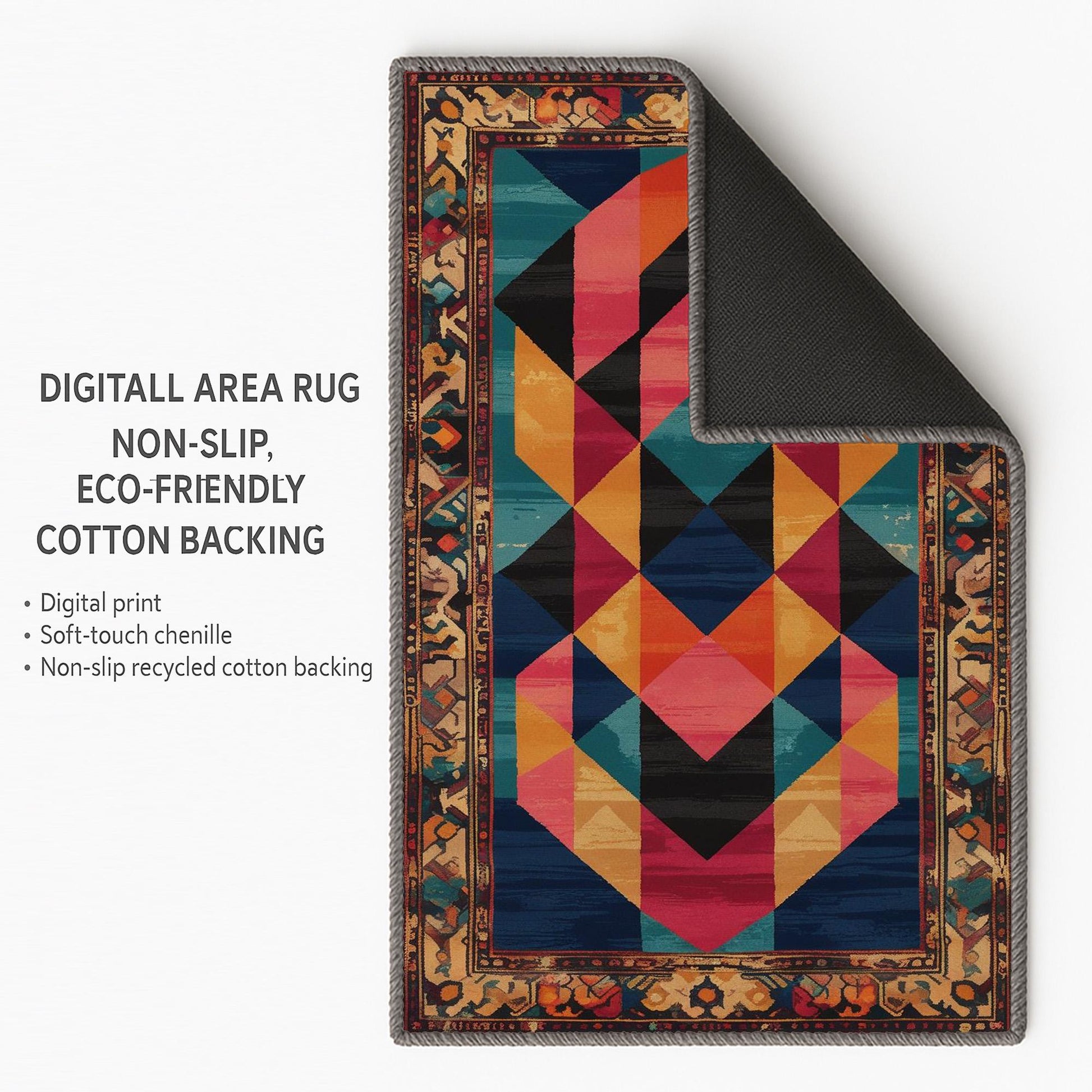 Colorful geometric chenille rug with antique oriental border, featuring teal, gold, pink, and black shapes, washable and non-slip backing.