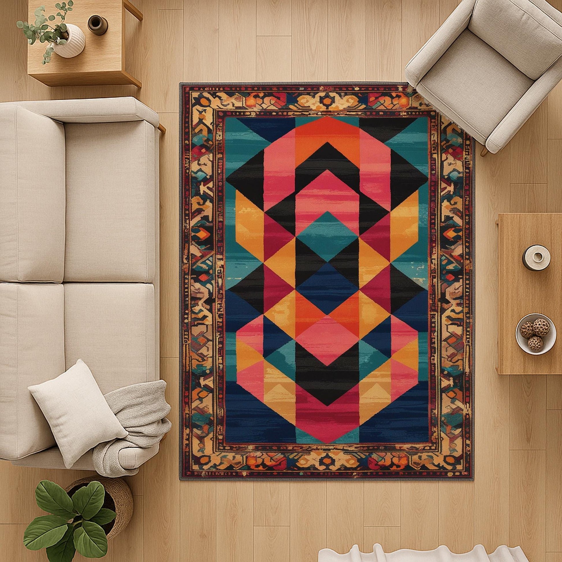 Colorful geometric chenille rug with antique oriental border, featuring teal, gold, pink, and black shapes, washable and non-slip backing.